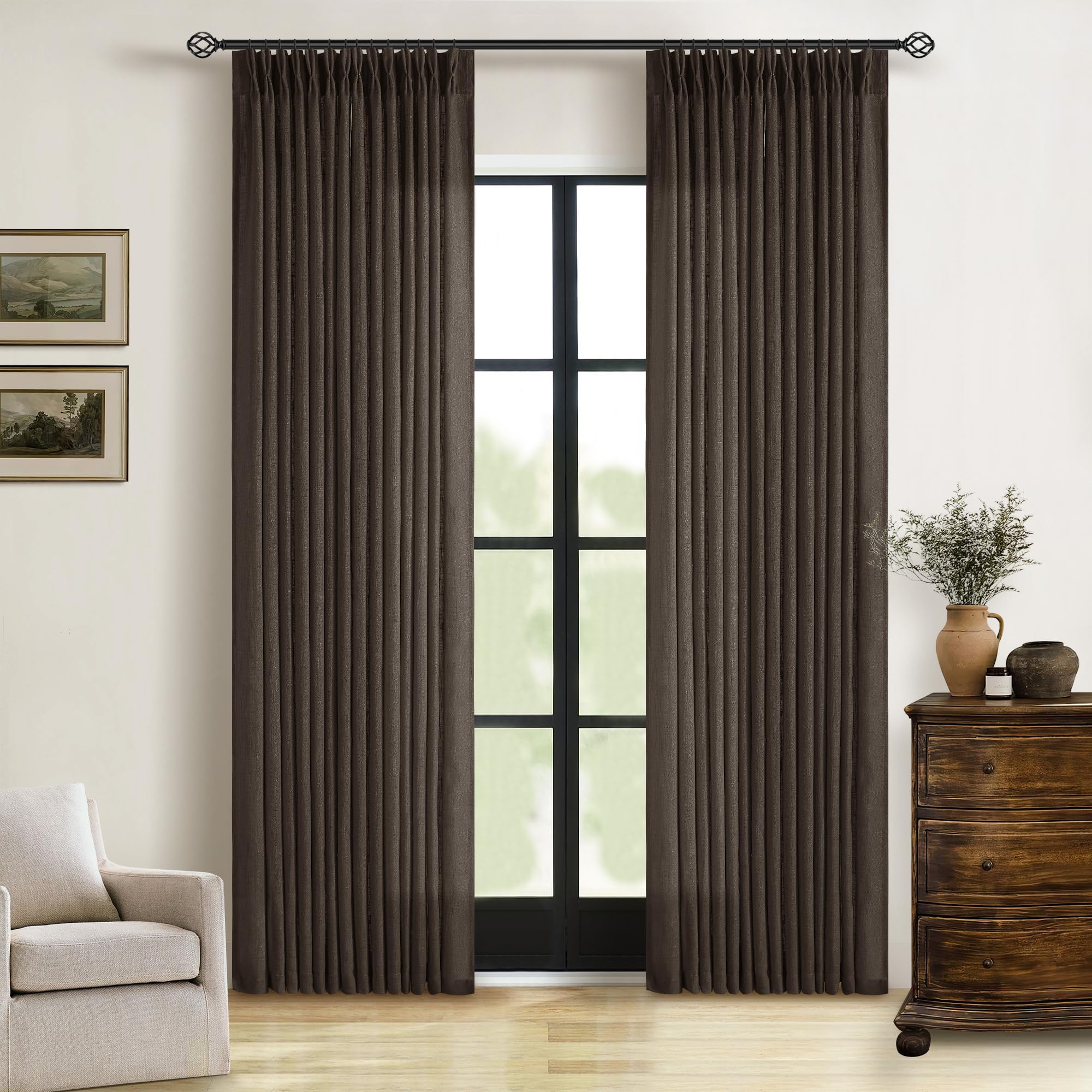 Dutch Cocoa Pinch Pleated Linen Curtains 84 Inches Long 60 Inch Width Linen Blend Light Filtering Window Curtains 84 Inch for Living Room Bedroom Patio Pinch Pleat Drapes Hooks Rings 1 Panel 60Wx84L