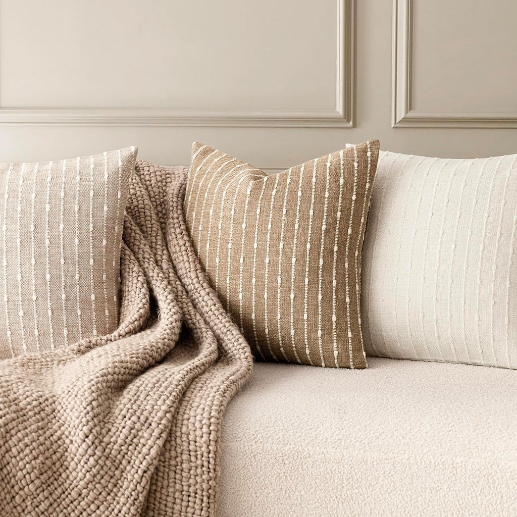 Foindtower Pack of 2 Decorative Jacquard Boucle Throw Pillow Covers Accent Textured Striped Pillowcases Soft Boho Modern Cushion for Couch Sofa Bedroom Living Room Home Decor 22x22 Inch Natural Beige
