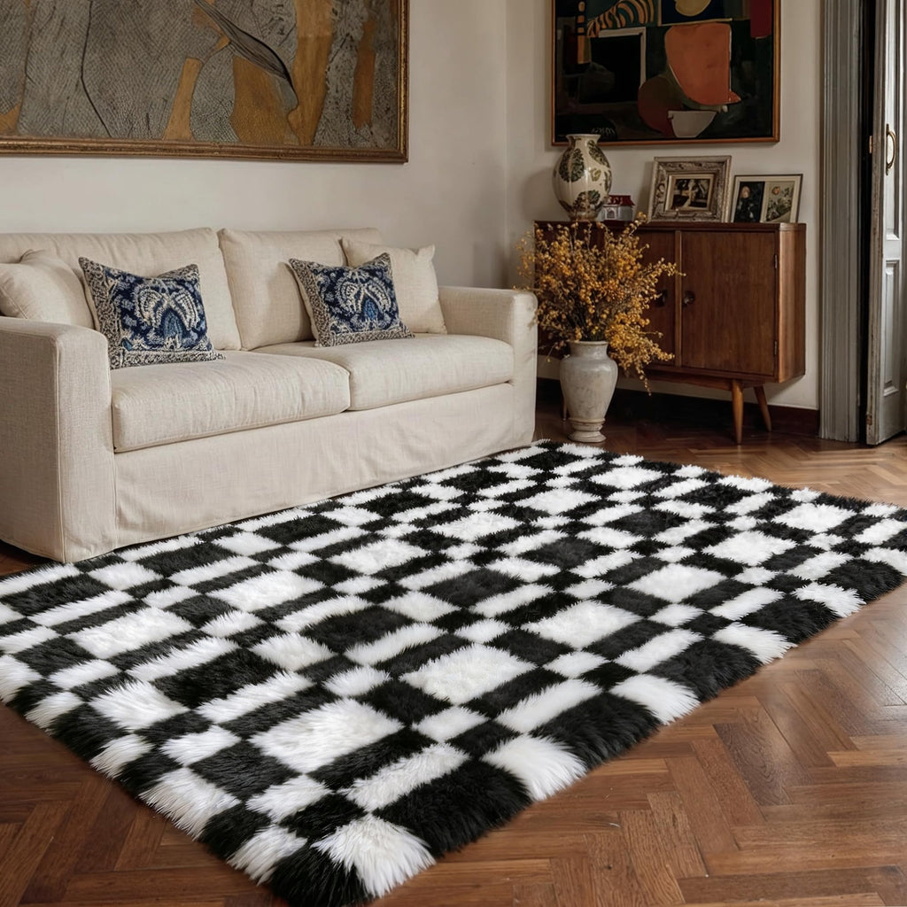 HUGEAR 8x10 Checkered Rug Coloful Living Room Modern Shag Rug Super Soft Washable Indoor Fuzzy Carpet Fluffy Vacuumable Rainbow Area Rugs for Bedroom Home Decor Non Slip