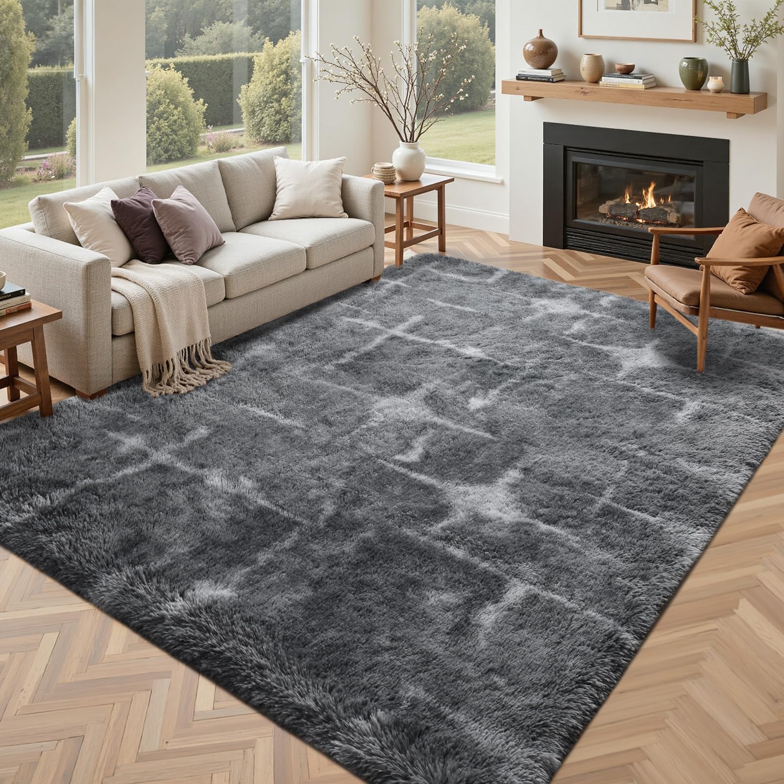 5×7ft Grey Fluffy Tie-Dyed Rug, Soft Shag Carpet for Home Decor