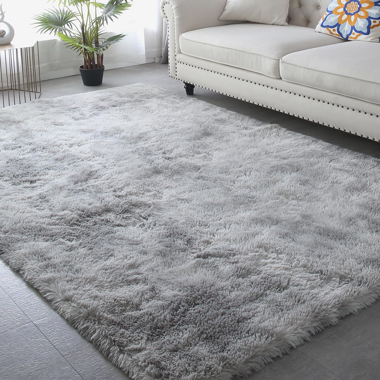 CAIYUECS Shag Area Rug,Indoor Ultra Soft Fluffy Plush Rugs for Bedroom Living Room, Non-Skid Modern Nursery Faux Fur Rugs for Kids Room Home Decor (Tie-Dyed Light Gray, 5x7 Feet)