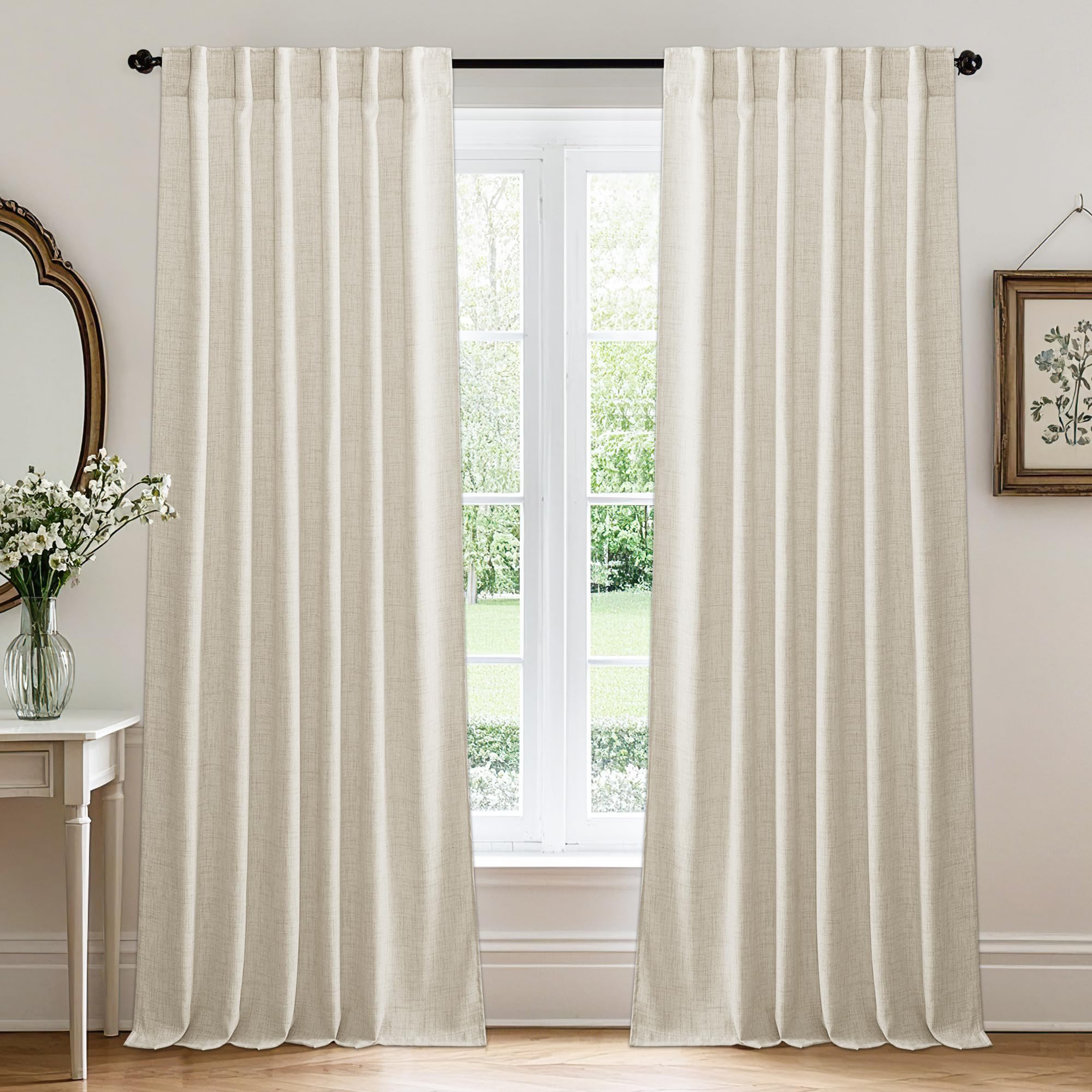 RYB HOME Linen Sheer Curtains and Drapes for Living Room 108 inches Length, Breathable Back Tab/Rod Pocket Semi Sheer Curtains, Oatmeal, W 52 x L 108 inches, 2 Panels Set