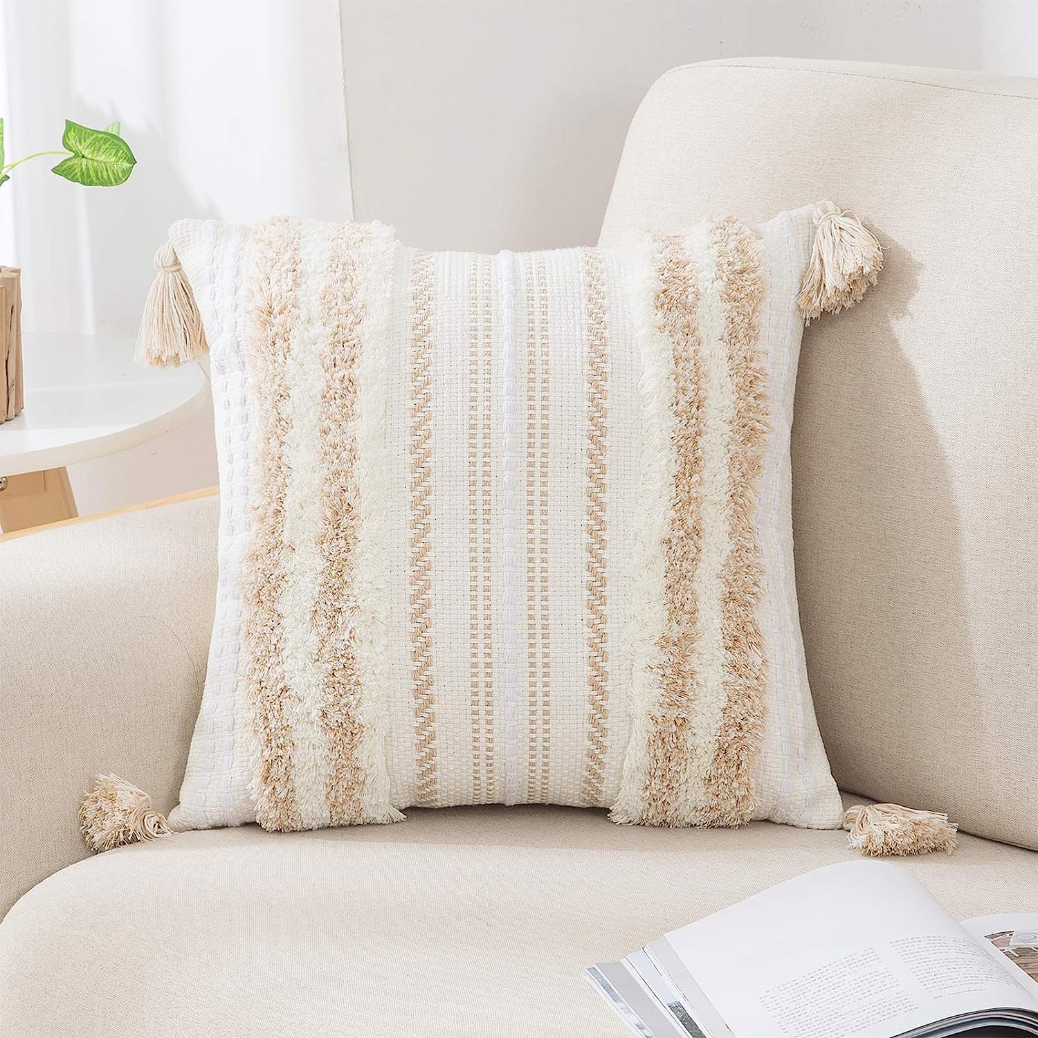 decorUhome Summer Decorative Boho Throw Pillow Covers 18x18 Set of 2, Accent Neutral Textured Tufted Pillow Covers Striped for Couch Bed Sofa Living Room, Khaki and Cream White