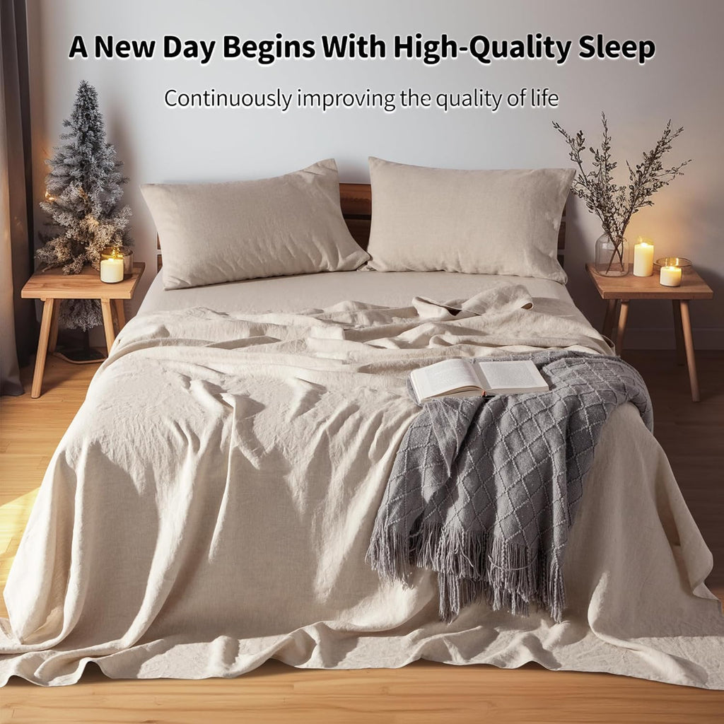 LBRO2M 100% Linen Sheet Set Deep Pocket Fit Up to 19" Bed Sheets Sets, Natural Flax Beddings Soft, Breathable, Comfortable for All Year Round 4 Pcs Sheet Set (Queen, Linen)