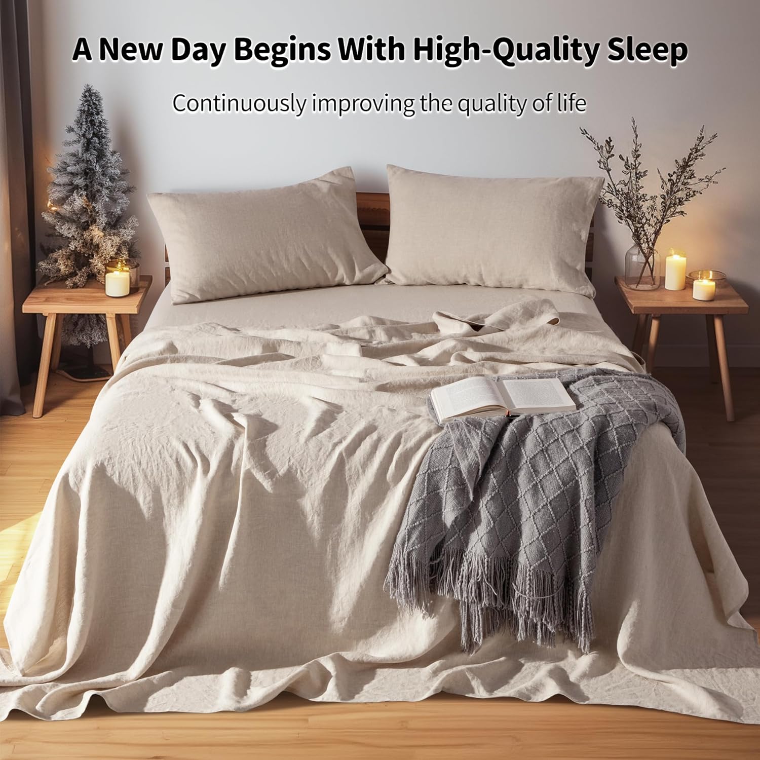 LBRO2M 100% Linen Sheet Set Deep Pocket Fit Up to 19" Bed Sheets Sets, Natural Flax Beddings Soft, Breathable, Comfortable for All Year Round 4 Pcs Sheet Set (Queen, Linen)