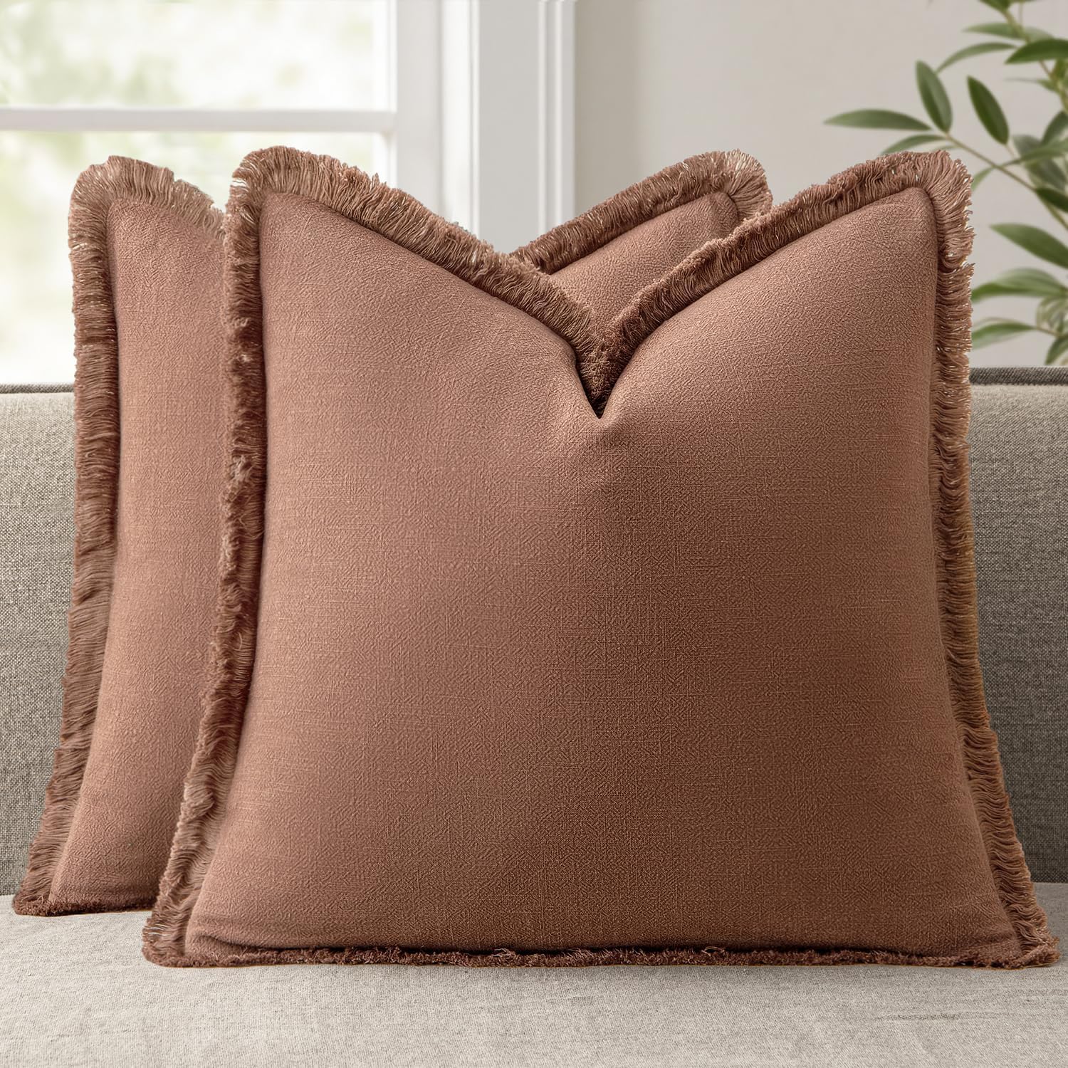 ANRODUO Set of 2 Decorative Throw Pillow Covers 26×26 Inch Soft Linen Fringe Farmhouse Boho Vintage Cushion Covers with Tassels Accent Pillowcase for Couch Sofa Bed Living Room Summer Decor Cream