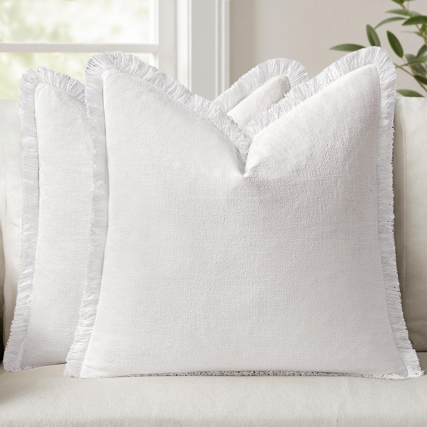 ANRODUO Set of 2 Decorative Throw Pillow Covers 26×26 Inch Soft Linen Fringe Farmhouse Boho Vintage Cushion Covers with Tassels Accent Pillowcase for Couch Sofa Bed Living Room Summer Decor Cream