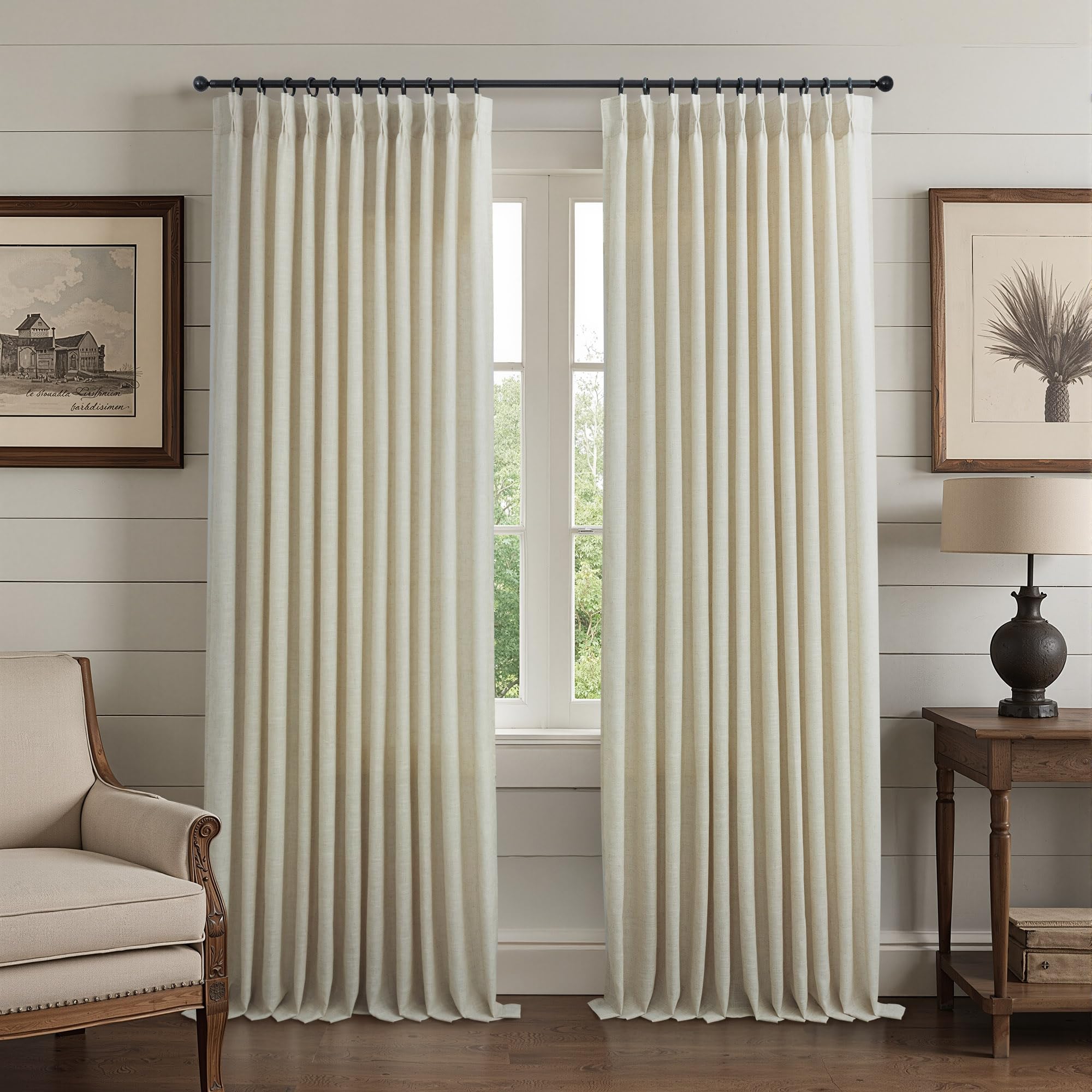 Natural Pinch Pleated Linen Cream Curtains 84 Inch Length 2 Panels for Living Room Bedroom Ivory Semi Sheer Light Filtering Modern Farmhouse Boho Neutral Rustic Long Drapes Back Tab Pleat Hooks Rings