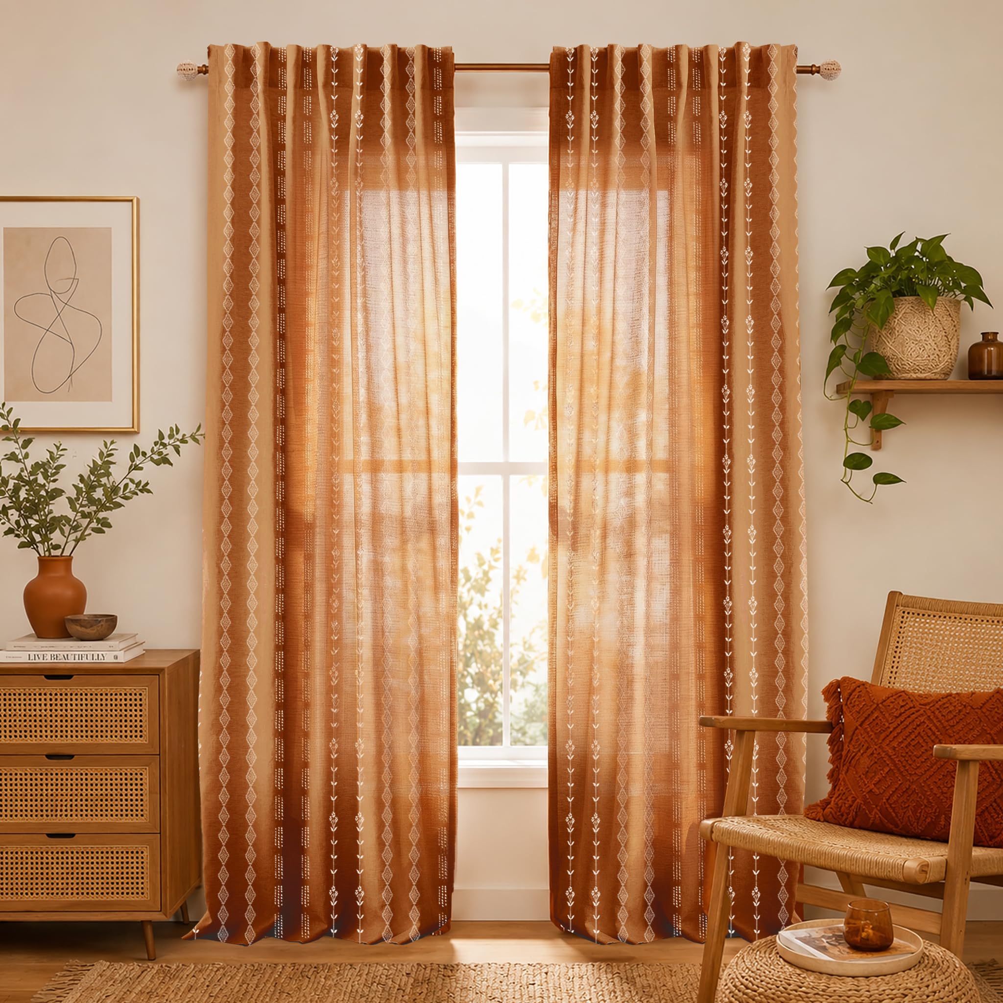 Linen Farmhouse Curtains for Living Room, Neutral Taupe Cream Light Filtering Boho Sheer Floral Patterned Curtains for Dining Room Bedroom 84 Inch Length 2 Panels Set