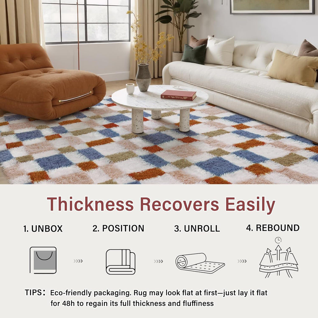 HUGEAR 8x10 Checkered Rug Coloful Living Room Modern Shag Rug Super Soft Washable Indoor Fuzzy Carpet Fluffy Vacuumable Rainbow Area Rugs for Bedroom Home Decor Non Slip
