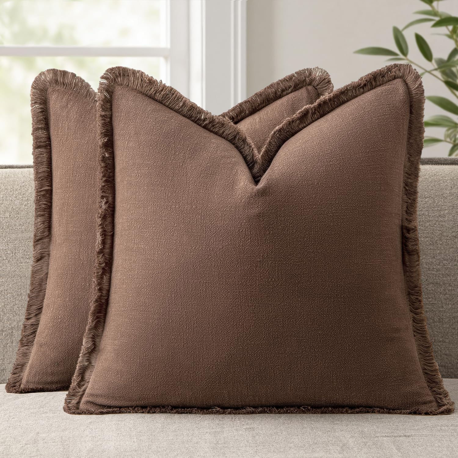 ANRODUO Set of 2 Decorative Throw Pillow Covers 26×26 Inch Soft Linen Fringe Farmhouse Boho Vintage Cushion Covers with Tassels Accent Pillowcase for Couch Sofa Bed Living Room Summer Decor Cream