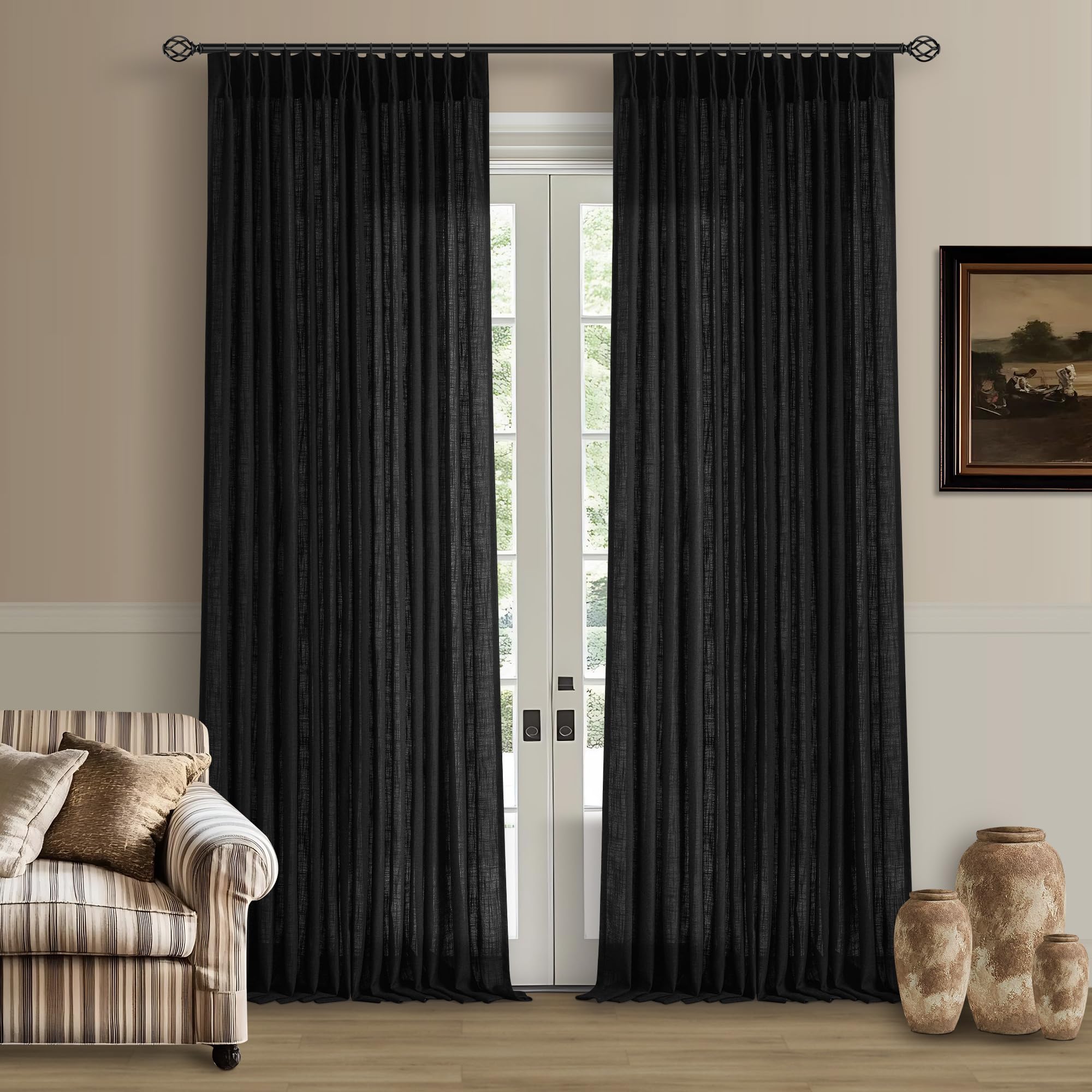 Dutch Cocoa Pinch Pleated Linen Curtains 84 Inches Long 60 Inch Width Linen Blend Light Filtering Window Curtains 84 Inch for Living Room Bedroom Patio Pinch Pleat Drapes Hooks Rings 1 Panel 60Wx84L