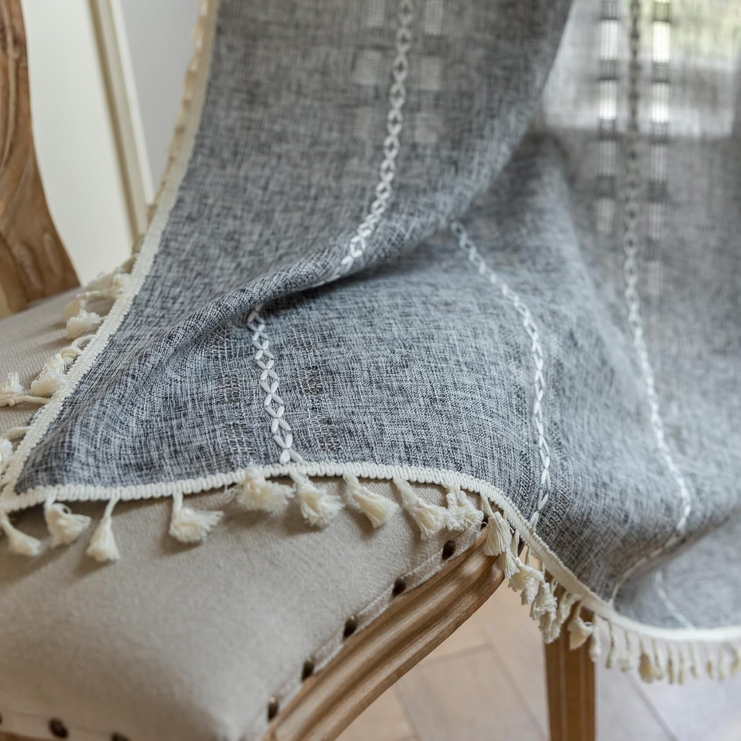 Dark Grey Boho Curtains for Living Room 84 inch Long 2 Panels, Chic Embroidered Semi Sheer Linen Farmhouse Light Filtering Drapes For Bedroom Privacy Striped Tassel Bohemian Window Decor,W52xL84