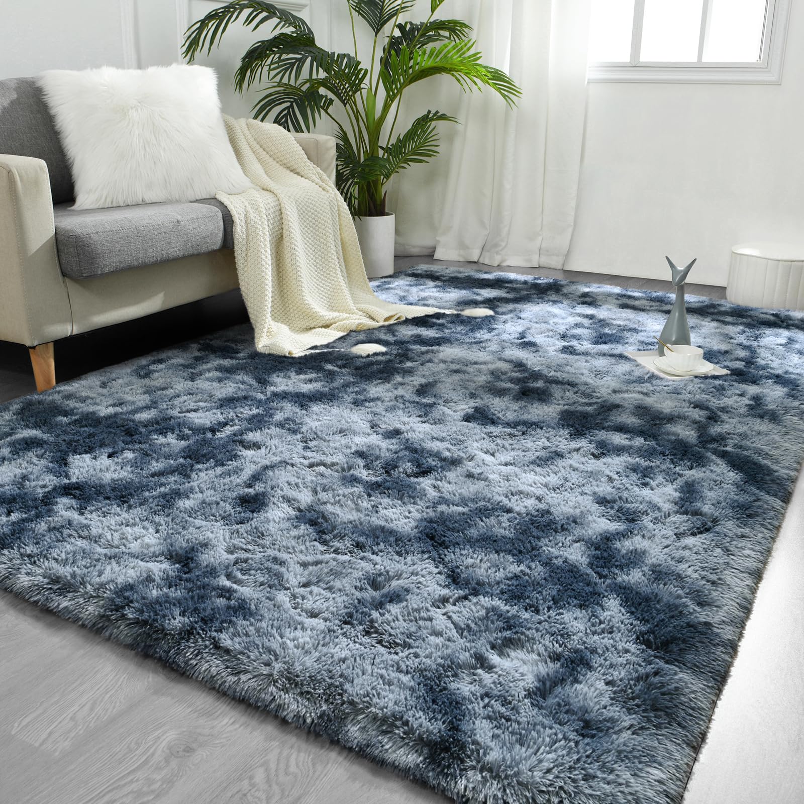 FlyDOIT Large Area Rugs for Living Room, 5x8 Feet Tie-Dyed Light Grey Shaggy Rug Fluffy Throw Carpets, Ultra Soft Plush Modern Indoor Fuzzy Rugs for Bedroom Girls Kids Nursery Room Dorm Home Decor