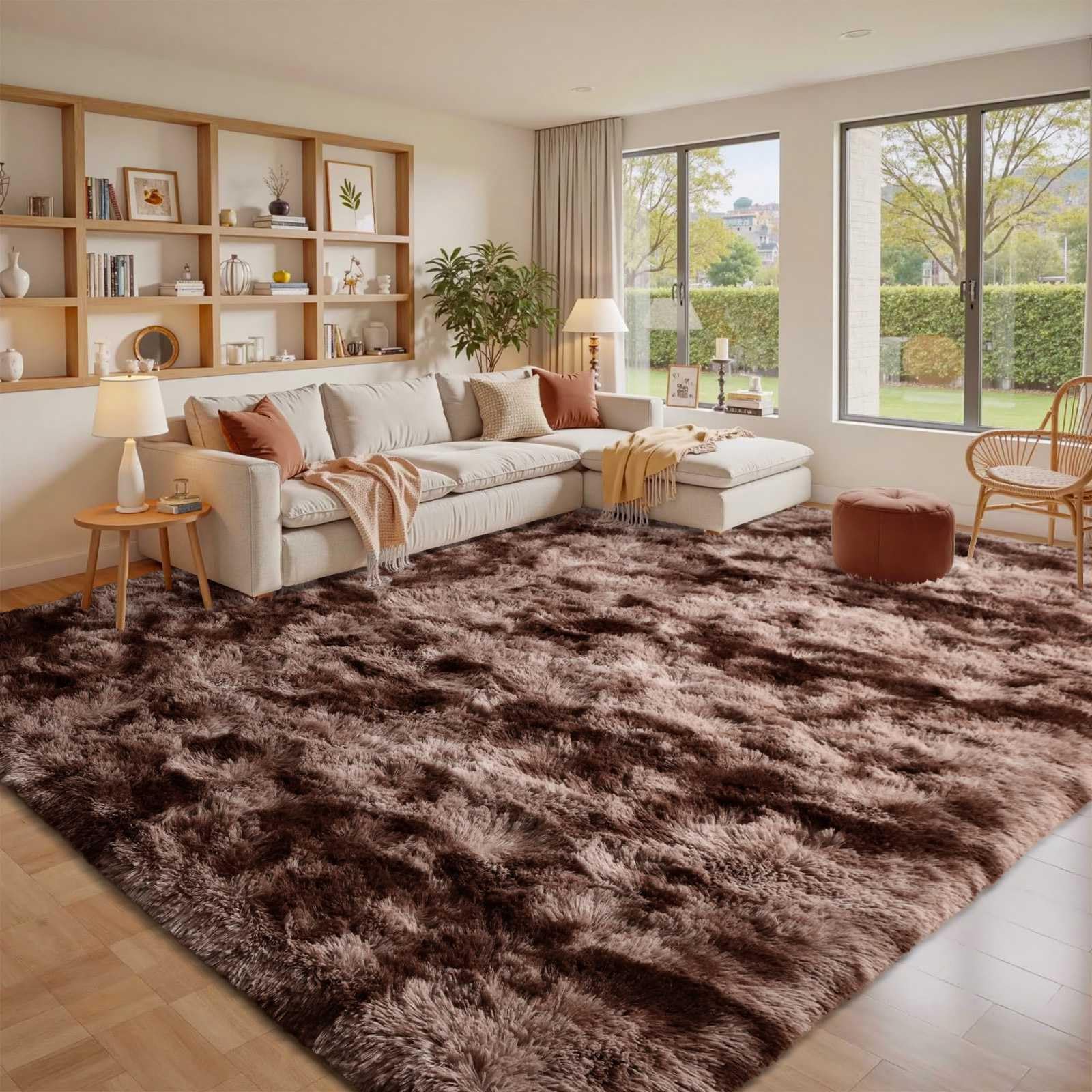 5×7ft Grey Fluffy Tie-Dyed Rug, Soft Shag Carpet for Home Decor