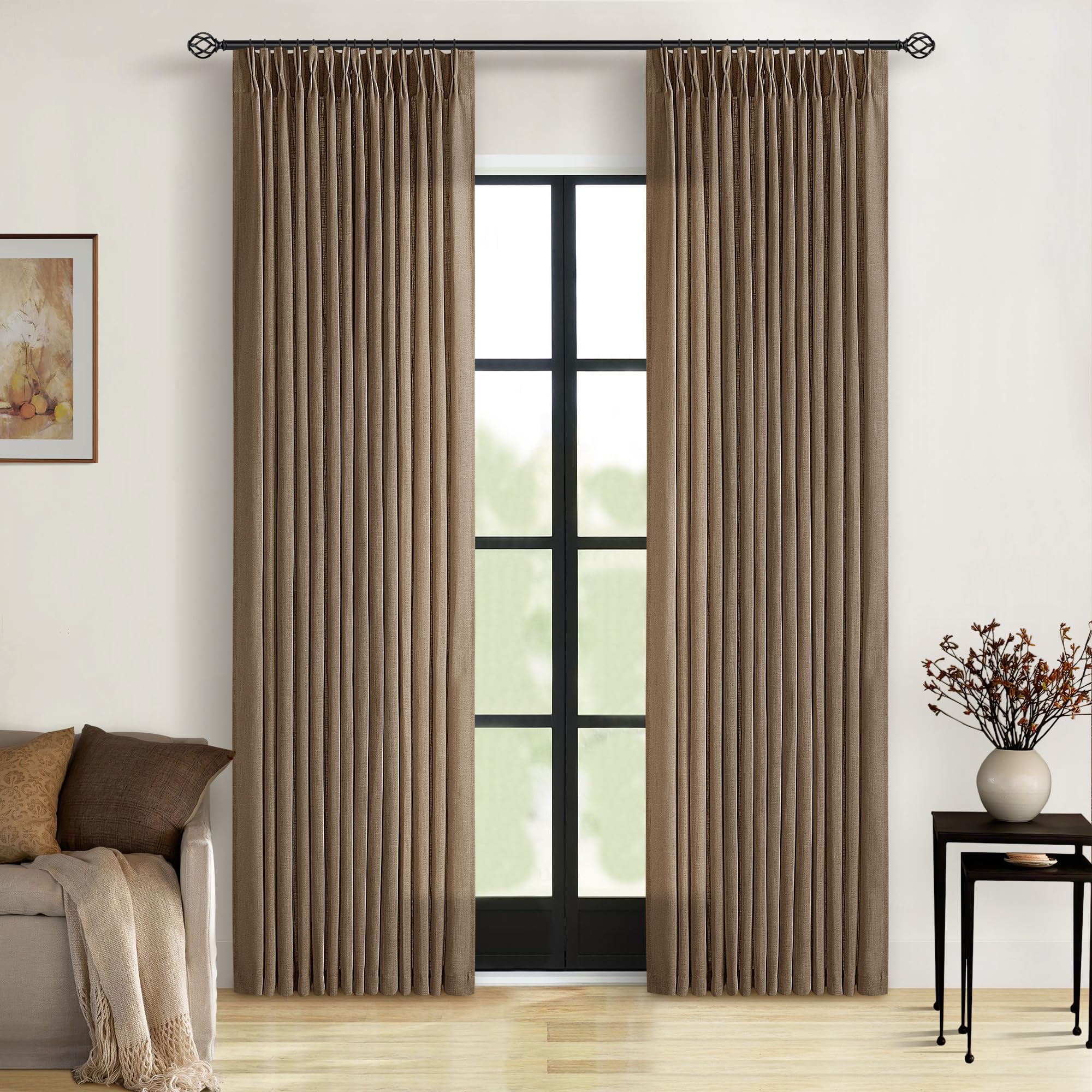 Dutch Cocoa Pinch Pleated Linen Curtains 84 Inches Long 60 Inch Width Linen Blend Light Filtering Window Curtains 84 Inch for Living Room Bedroom Patio Pinch Pleat Drapes Hooks Rings 1 Panel 60Wx84L