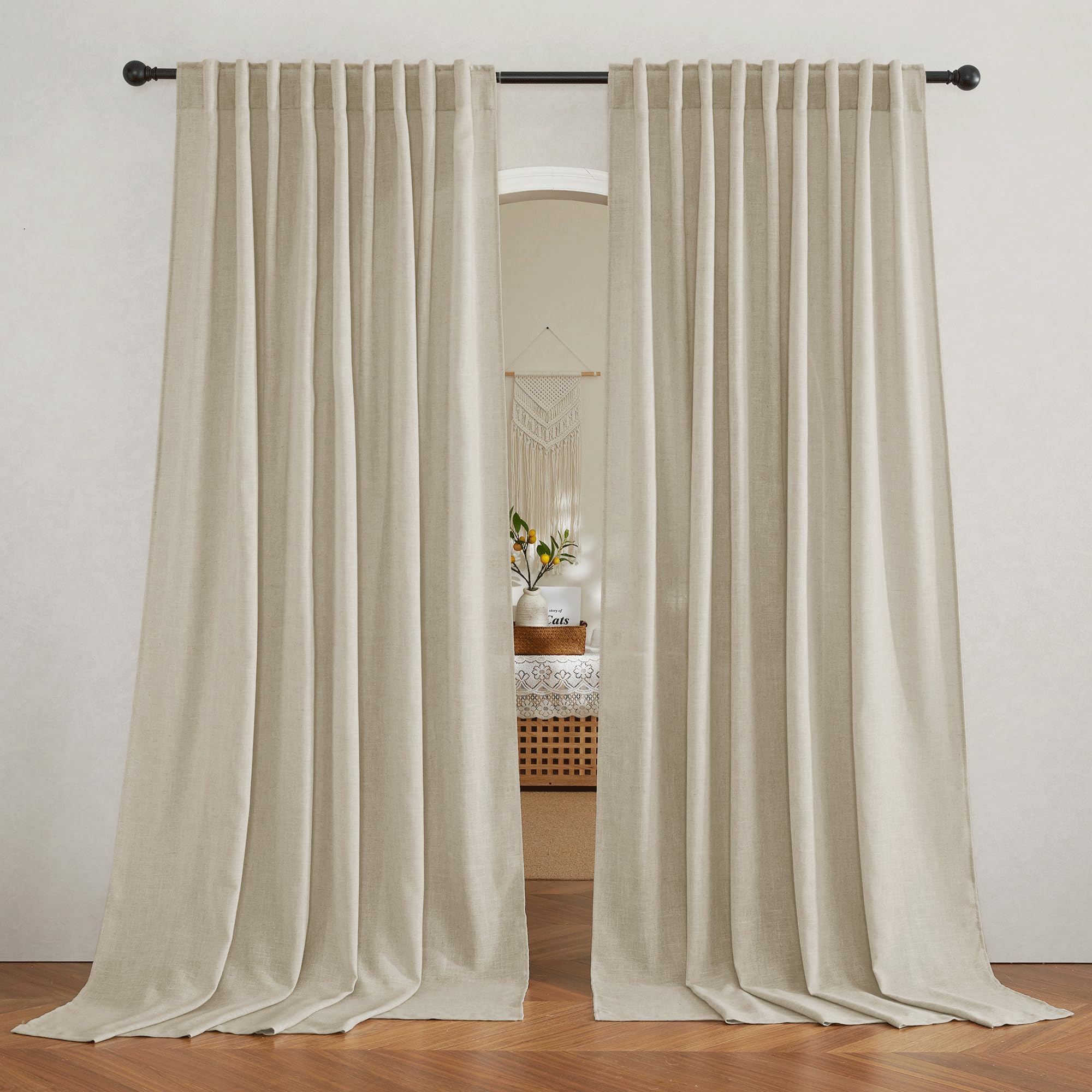 RYB HOME Linen Sheer Curtains and Drapes for Living Room 108 inches Length, Breathable Back Tab/Rod Pocket Semi Sheer Curtains, Oatmeal, W 52 x L 108 inches, 2 Panels Set