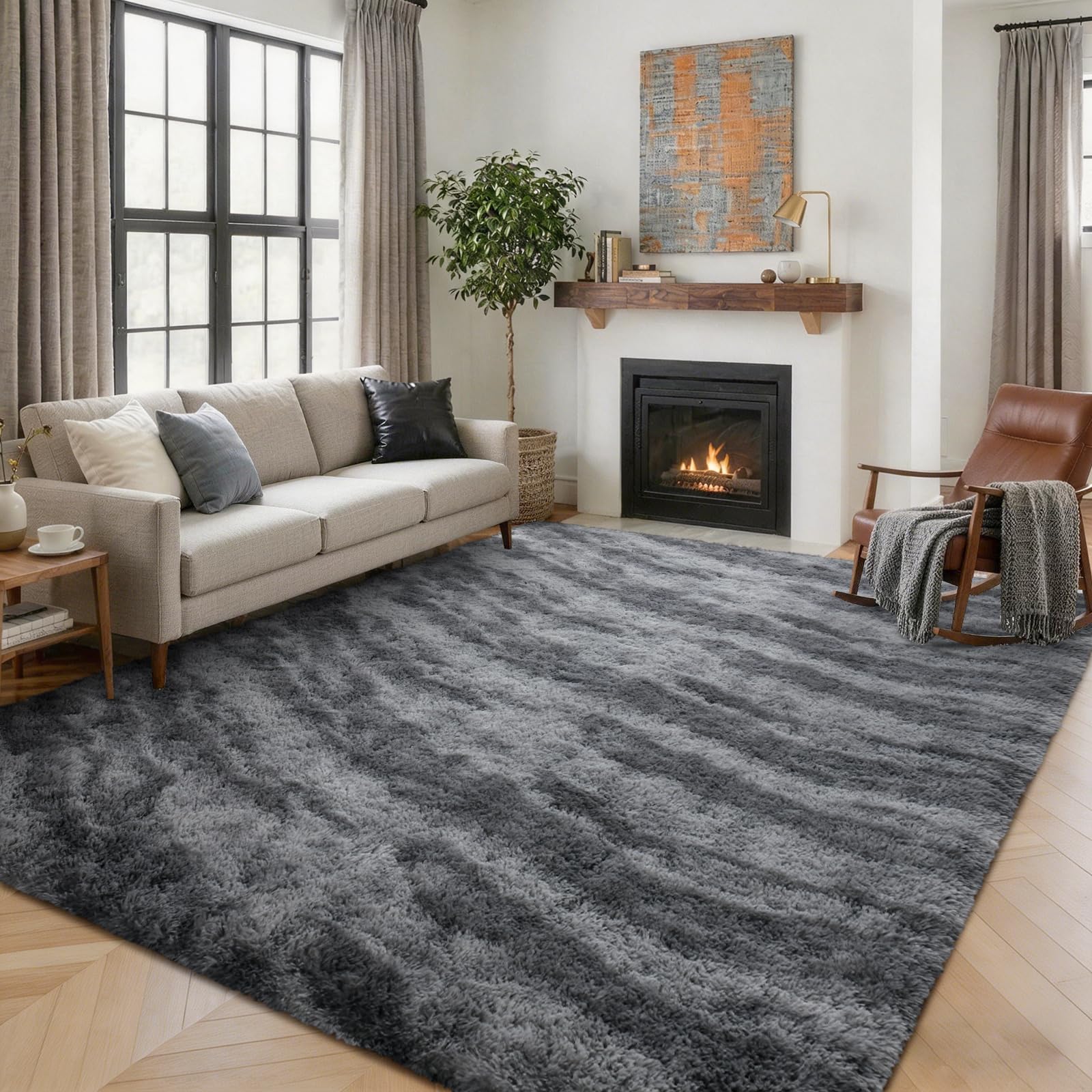 5×7ft Grey Fluffy Tie-Dyed Rug, Soft Shag Carpet for Home Decor