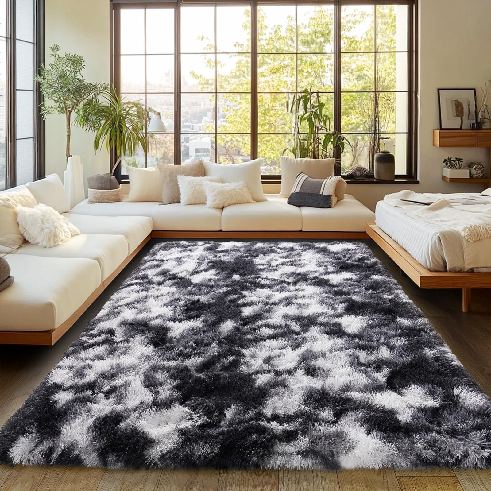 Shaggy Area Rugs, Fuzzy Rugs for Living Room, Soft Nursery Area Rug for Girls, Tie Dye Black Gray Plush Area Rugs Non Slip, Fluffy Rug Carpet 8x10ft