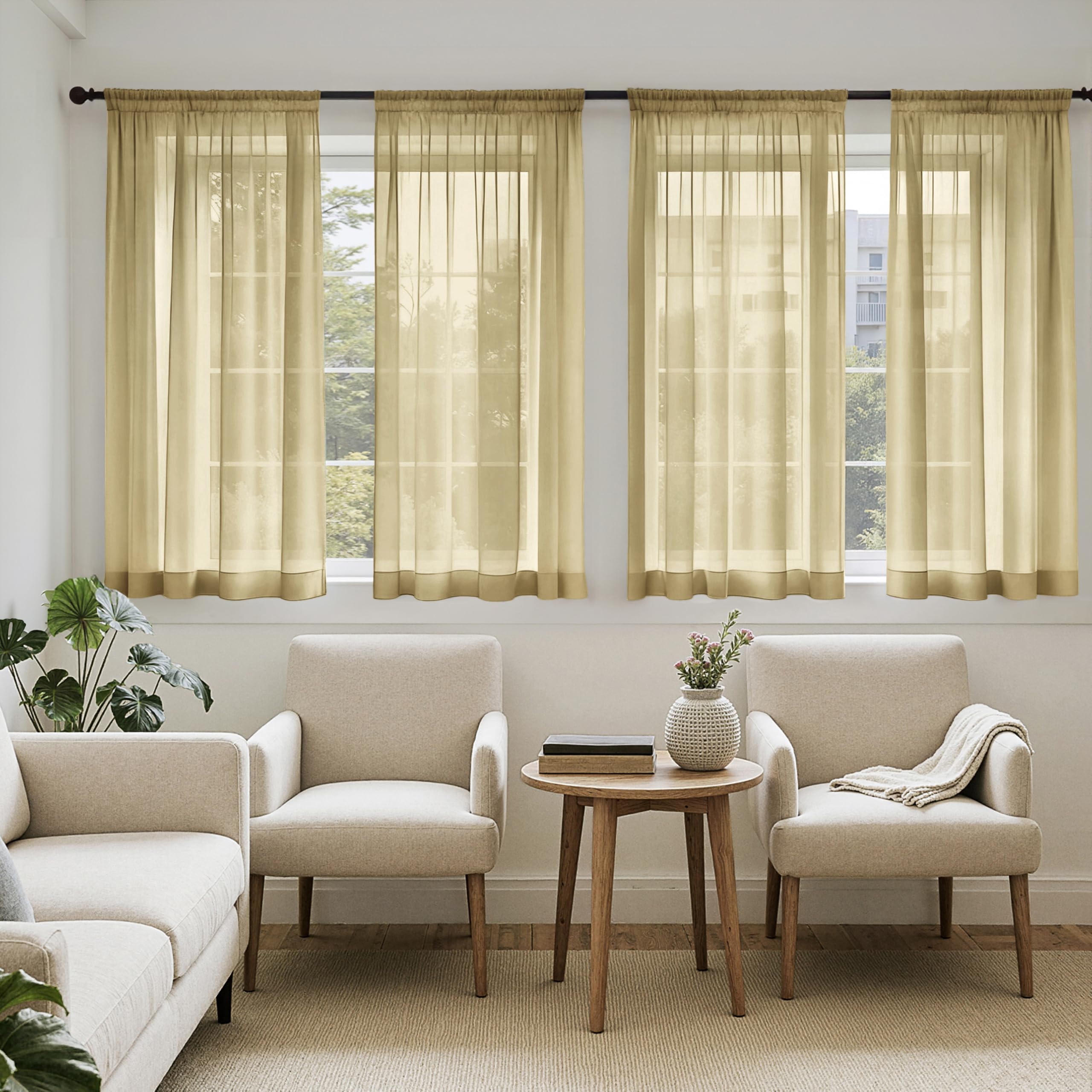 MIULEE Butter Cream Sheer Curtains 96 Inches Long, 4 Panels Set, Rod Pocket Voile Drapes Light Filtering and Semi Transparent, Elegant Window Treatments for Bedroom Living Room,42 x 96 Inches