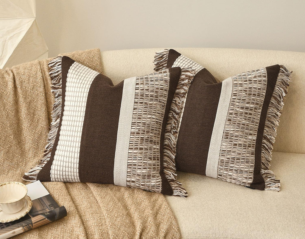 Dark Brown Tassel Decorative Throw Pillow Cover 20x20 Square Woven Textured Farmhouse Pillows Cushion Cases for Couch Bed Sofa Living Room Decor (Pack of 1)
