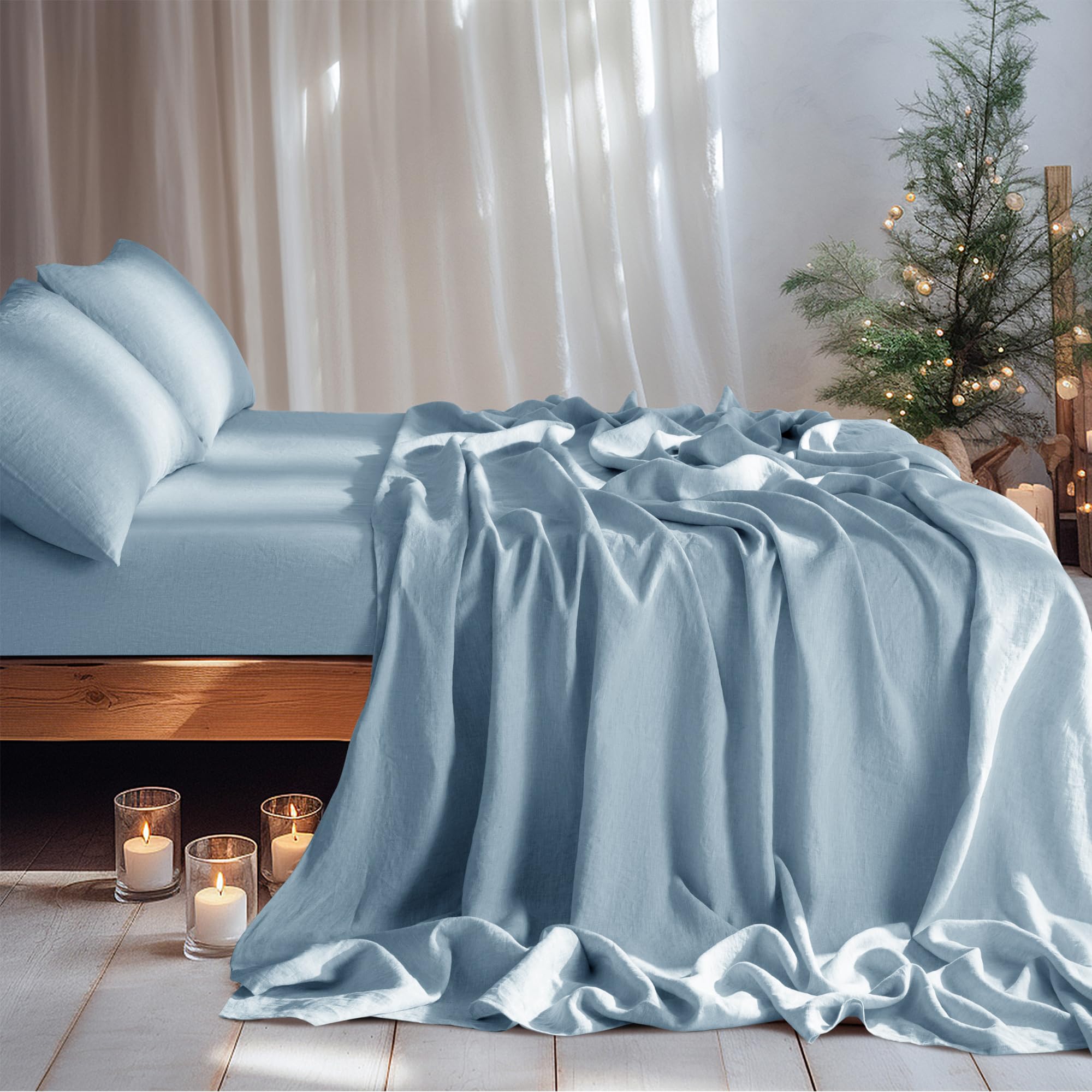 LBRO2M 100% Linen Sheet Set Deep Pocket Fit Up to 19" Bed Sheets Sets, Natural Flax Beddings Soft, Breathable, Comfortable for All Year Round 4 Pcs Sheet Set (Queen, Linen)