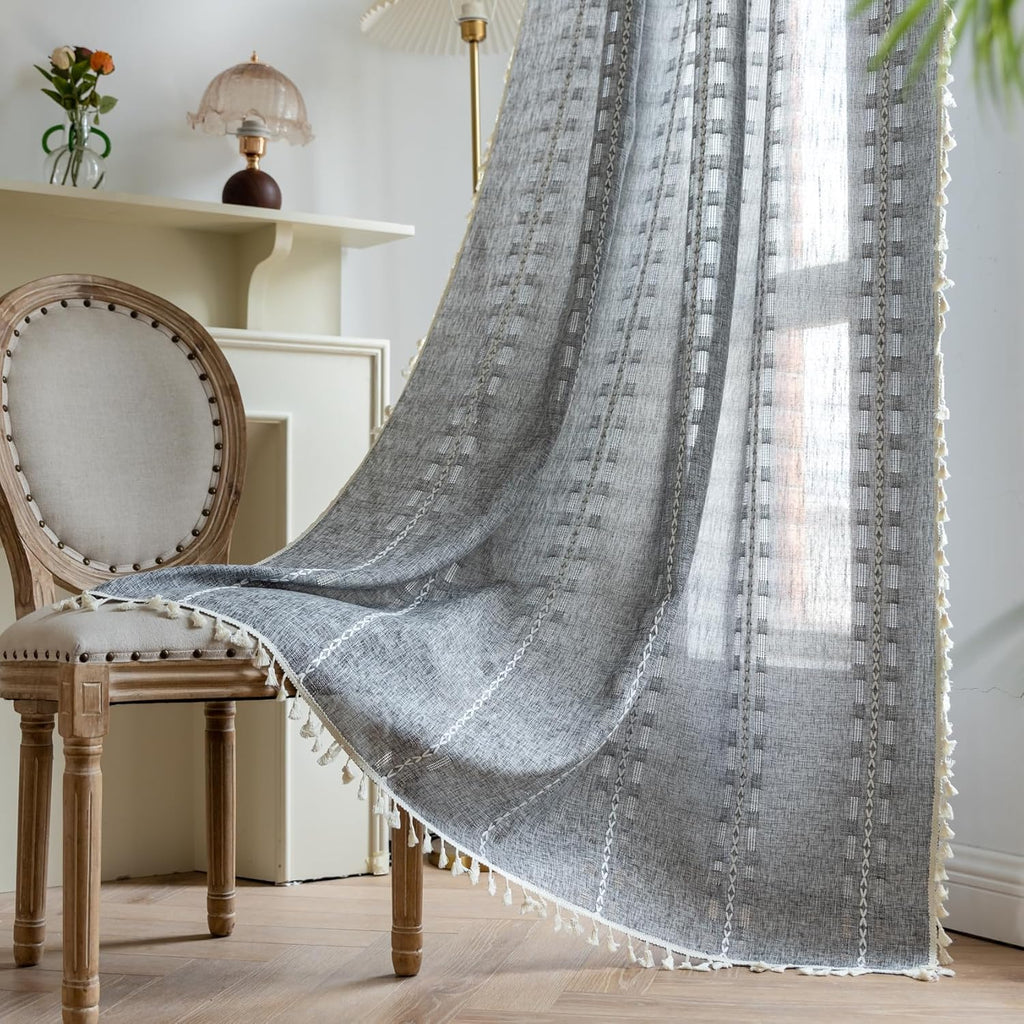 Dark Grey Boho Curtains for Living Room 84 inch Long 2 Panels, Chic Embroidered Semi Sheer Linen Farmhouse Light Filtering Drapes For Bedroom Privacy Striped Tassel Bohemian Window Decor,W52xL84