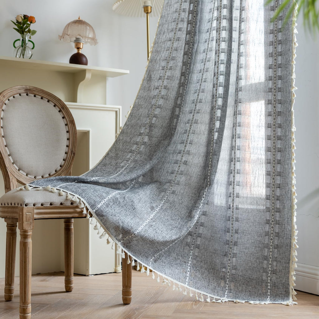 Dark Grey Boho Curtains for Living Room 84 inch Long 2 Panels, Chic Embroidered Semi Sheer Linen Farmhouse Light Filtering Drapes For Bedroom Privacy Striped Tassel Bohemian Window Decor,W52xL84