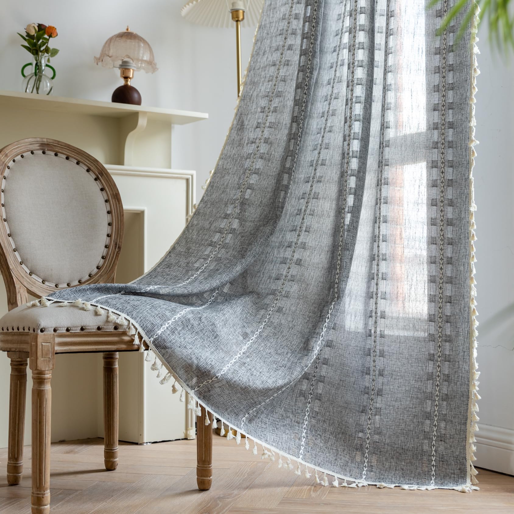 Dark Grey Boho Curtains for Living Room 84 inch Long 2 Panels, Chic Embroidered Semi Sheer Linen Farmhouse Light Filtering Drapes For Bedroom Privacy Striped Tassel Bohemian Window Decor,W52xL84