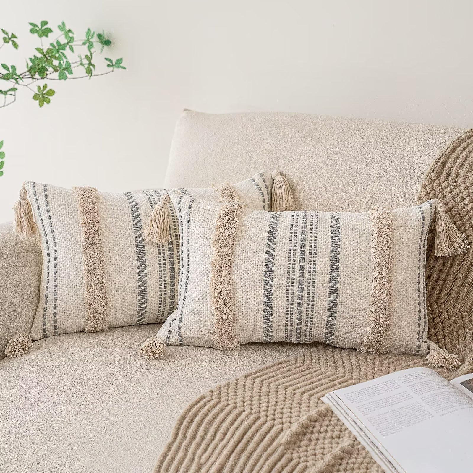 Boho Throw Pillow Covers 20x20 Set of 2 Woven Tufted Farmhouse Pillows Cover with Tassels Textured Striped Cushion Case Neutral Pillow Cases Decorative Pillowcase for Sofa, Couch, Bed, Dark Blue