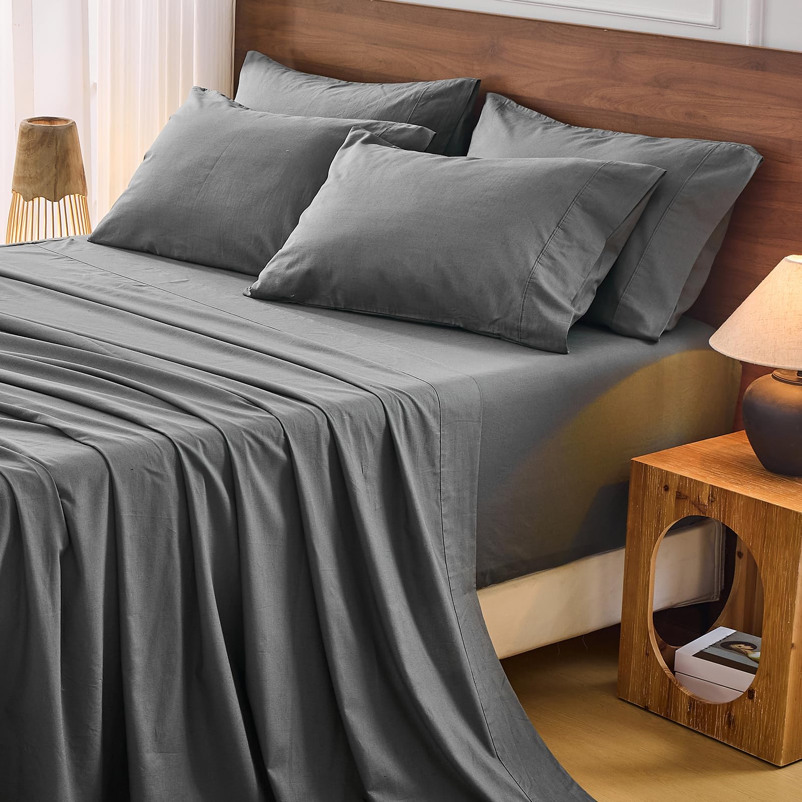 Bedlifes 100% French Pure Linen Sheets Queen Size Breathable and Cooling Flax Sheet Set Soft Durable and Moisture Wicking 16 Inch Deep Pocket-4 Piece(Queen,Linen)