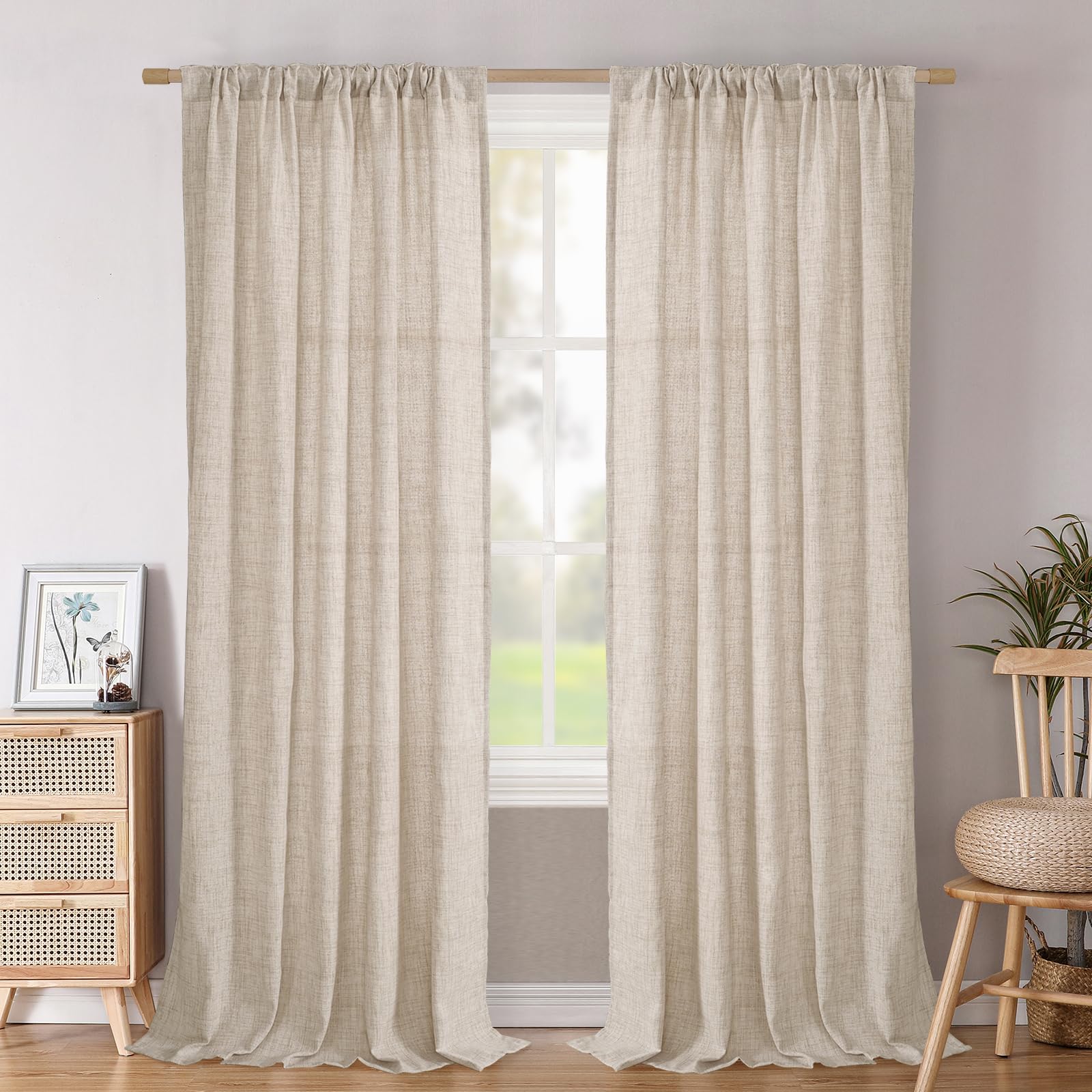 BGment Natural Linen Semi Sheer Curtains 96 Inch Length 2 Panels for Living Room, Beige Light Filtering Window Drapes with Rod Pocket Back Tab Extre Long for Dining Bedroom, 52 X 96 Inch