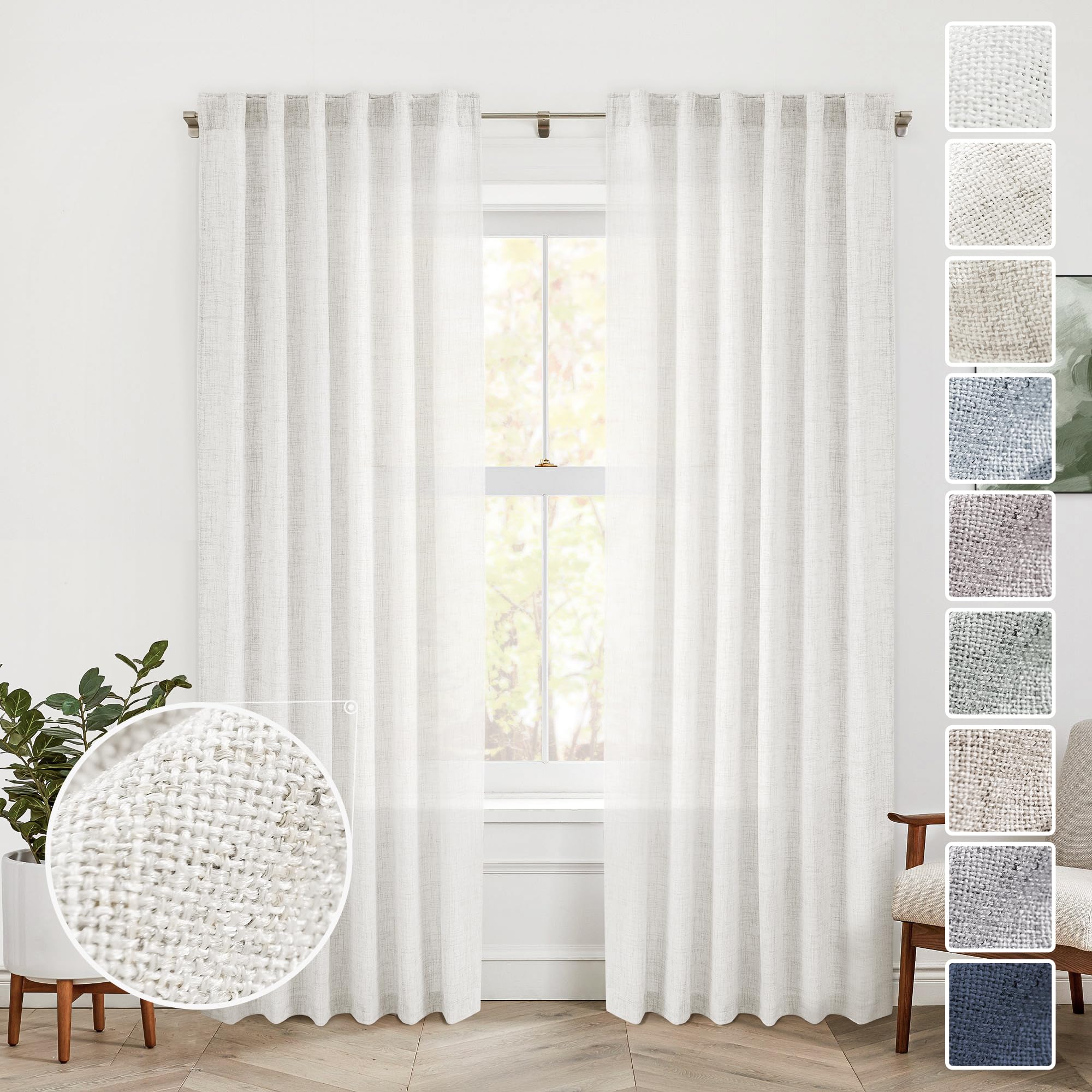 Natural Linen Back Tab Curtains 92 inch Long 2 Panels Set for Living Room Semi Sheer Light Filtering Window Drape Neutral Country Farmhouse Boho Curtains for Bedroom Cream Beige