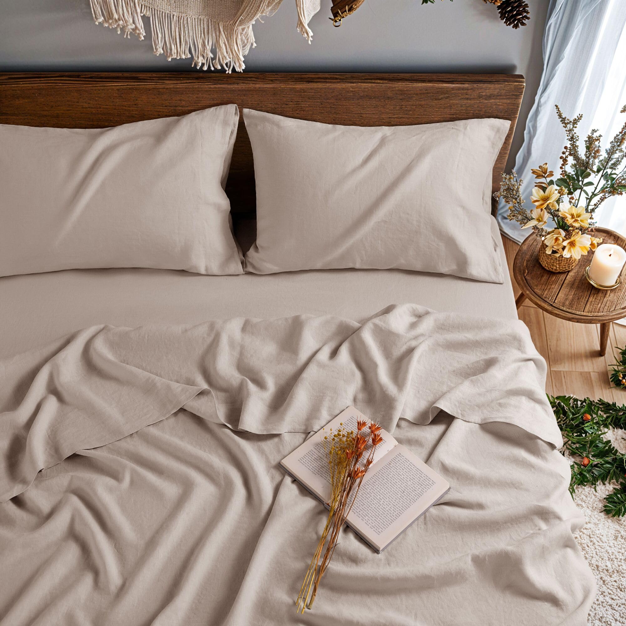 100% Pure Linen Sheet Set for Hot Sleepers, Breathable Natural Linen Sheets 4pcs, Bedding Set Deep Pocket Up to 16" Moisture-Wicking, Softens with Every Wash (Linen Queen)