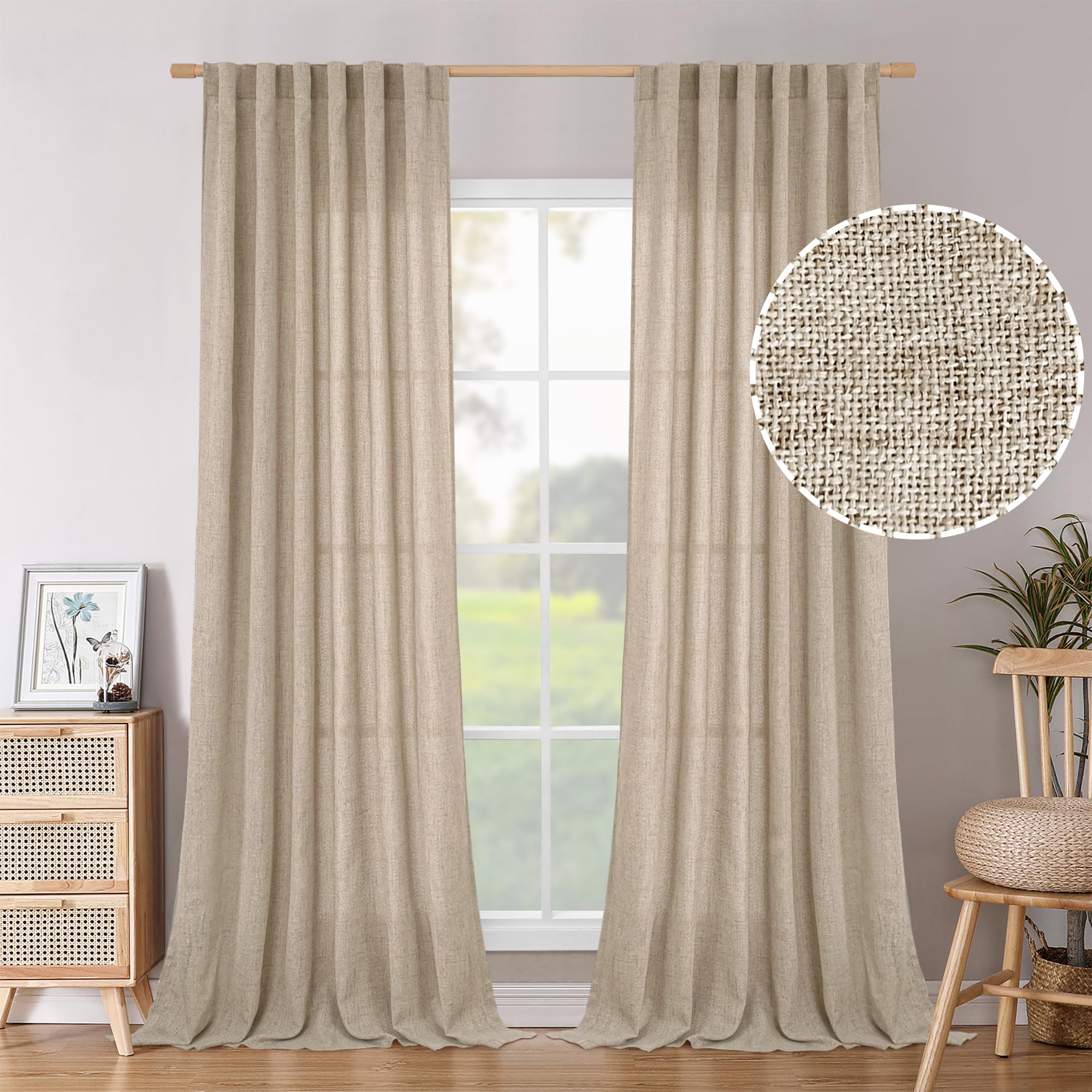 BGment Natural Linen Semi Sheer Curtains 96 Inch Length 2 Panels for Living Room, Beige Light Filtering Window Drapes with Rod Pocket Back Tab Extre Long for Dining Bedroom, 52 X 96 Inch