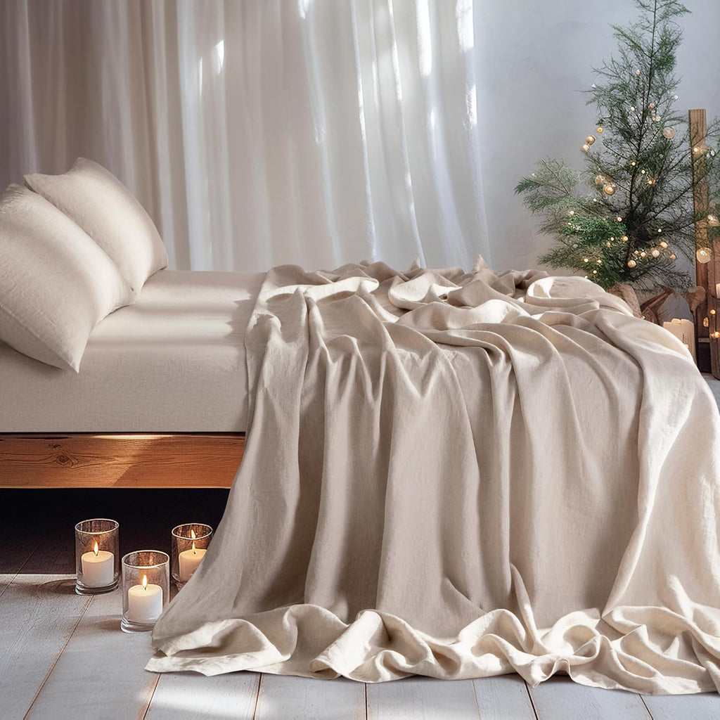 LBRO2M 100% Linen Sheet Set Deep Pocket Fit Up to 19" Bed Sheets Sets, Natural Flax Beddings Soft, Breathable, Comfortable for All Year Round 4 Pcs Sheet Set (Queen, Linen)