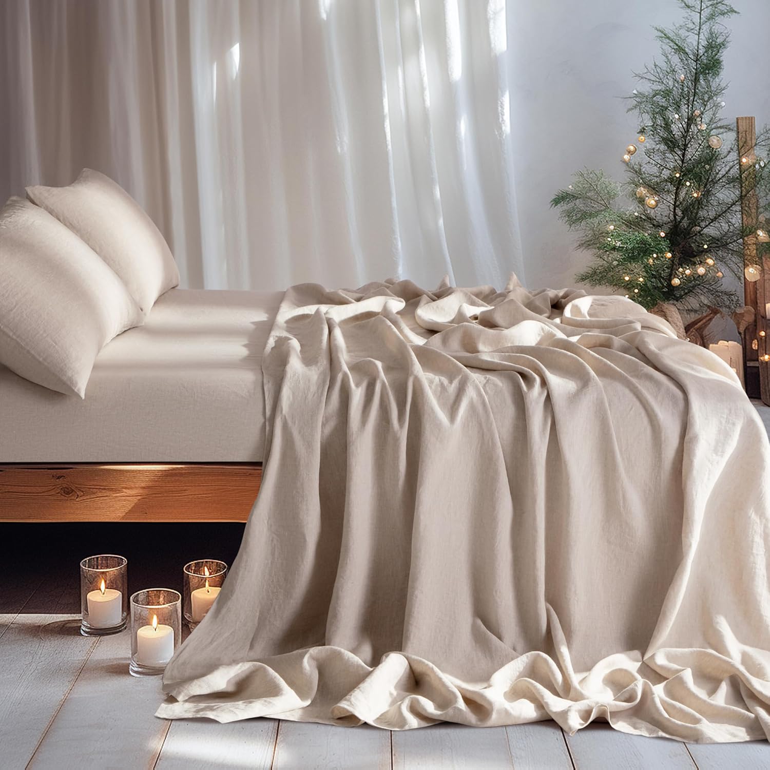 LBRO2M 100% Linen Sheet Set Deep Pocket Fit Up to 19" Bed Sheets Sets, Natural Flax Beddings Soft, Breathable, Comfortable for All Year Round 4 Pcs Sheet Set (Queen, Linen)