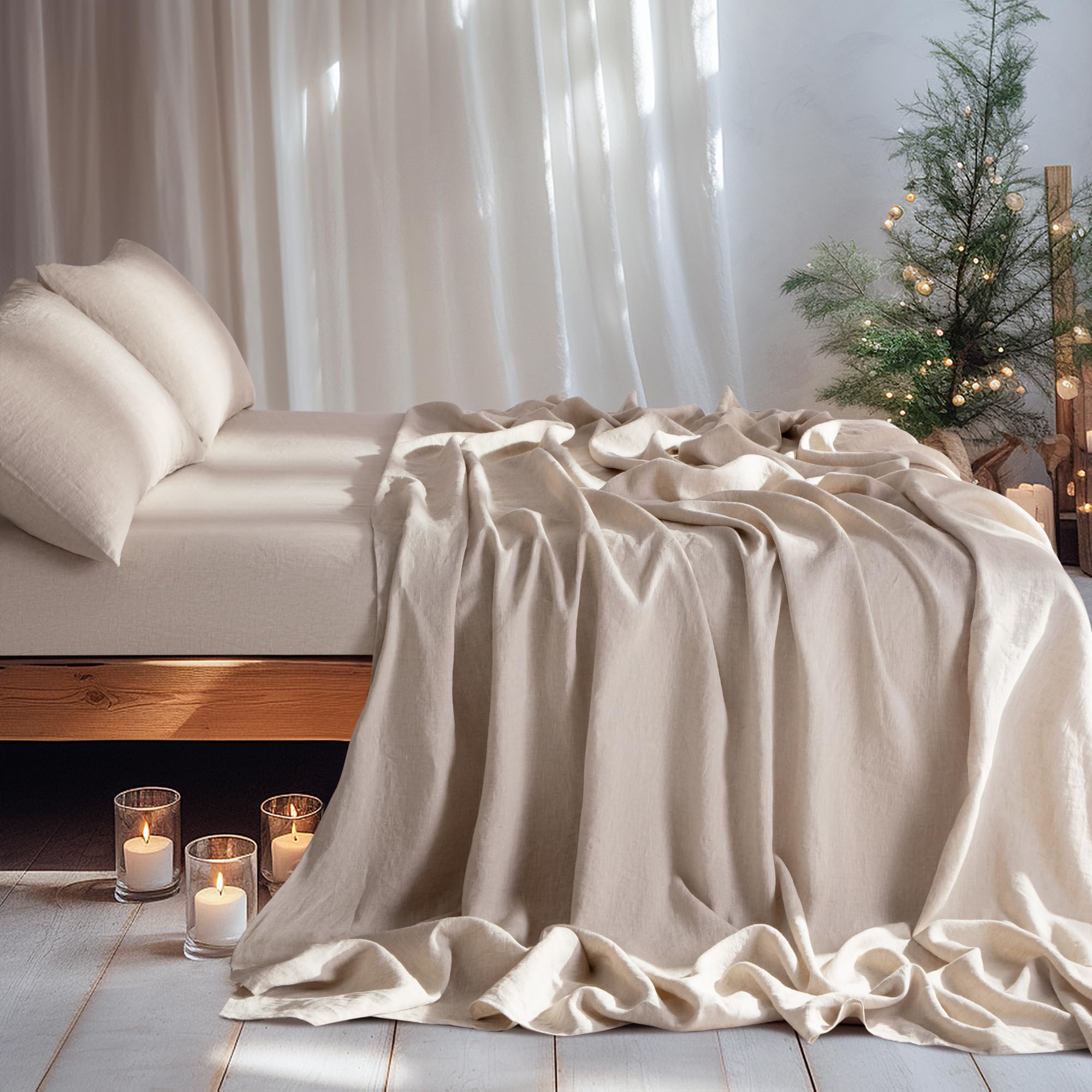 LBRO2M 100% Linen Sheet Set Deep Pocket Fit Up to 19" Bed Sheets Sets, Natural Flax Beddings Soft, Breathable, Comfortable for All Year Round 4 Pcs Sheet Set (Queen, Linen)