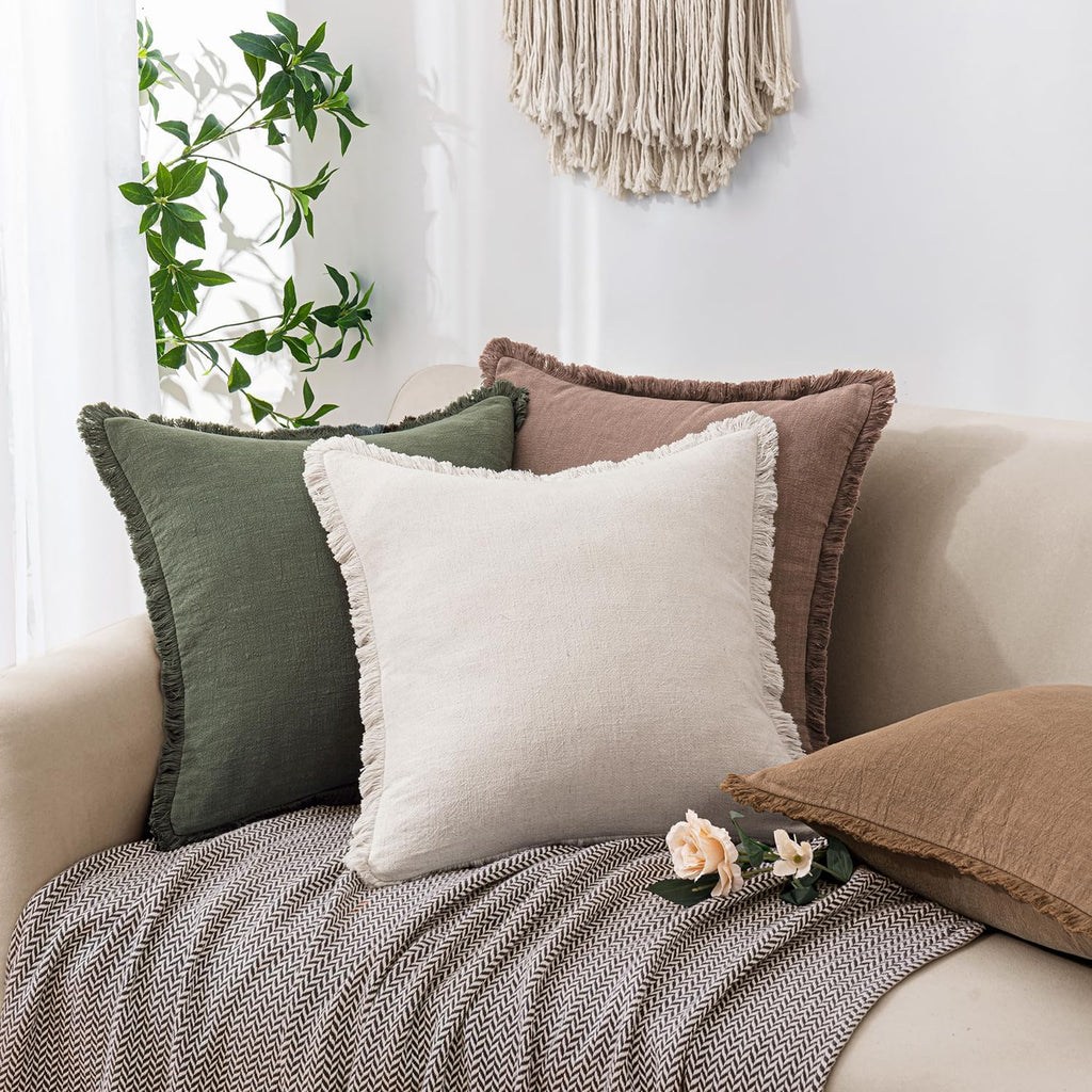 Decorative Linen Fringe Throw Pillow Covers Boho Farmhouse Soft Euro Accent Pillowcases with Tassels for Bed Couch Sofa Living Room Bedroom,24x24 Inch Set of 2,Brown