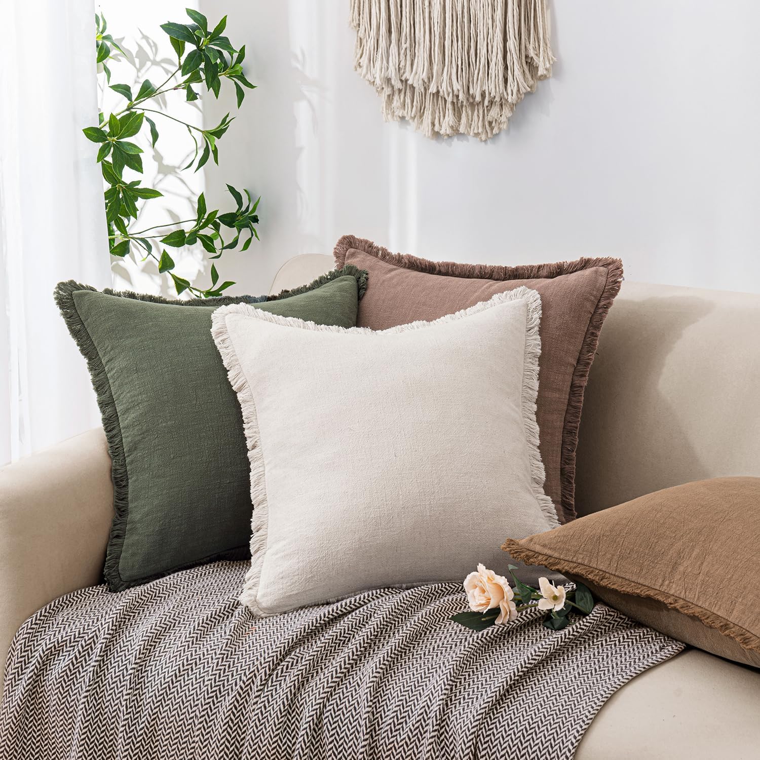 Decorative Linen Fringe Throw Pillow Covers Boho Farmhouse Soft Euro Accent Pillowcases with Tassels for Bed Couch Sofa Living Room Bedroom,24x24 Inch Set of 2,Brown