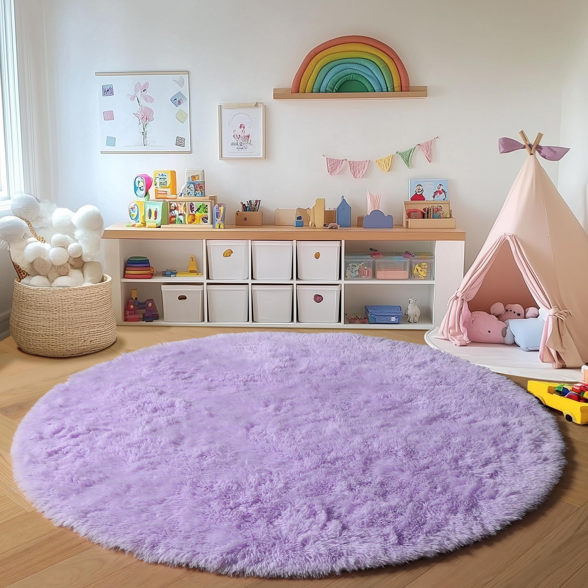 ONASAR Tie-Dyed Dark Grey Round Area Rugs 5ft, Ultra Soft Bedroom Circle Rug for Kids Girls Teen Room, Fluffy Plush Shaggy Carpet Floor Mats for Baby Nursery Living Room Playroom Home Decor