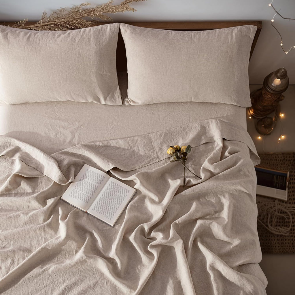 LBRO2M 100% Linen Sheet Set Deep Pocket Fit Up to 19" Bed Sheets Sets, Natural Flax Beddings Soft, Breathable, Comfortable for All Year Round 4 Pcs Sheet Set (Queen, Linen)