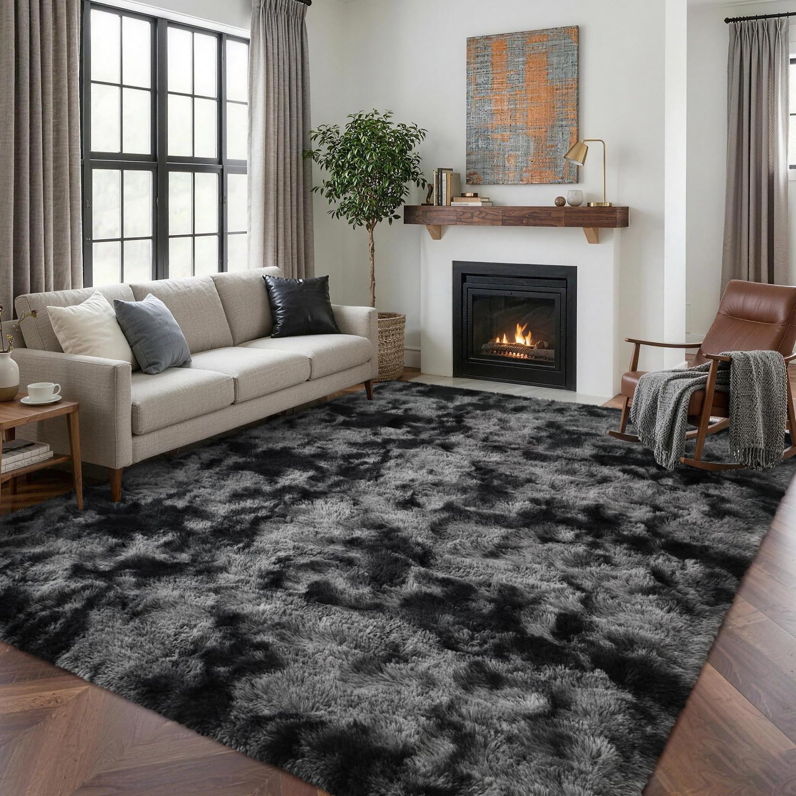 5×7ft Grey Fluffy Tie-Dyed Rug, Soft Shag Carpet for Home Decor