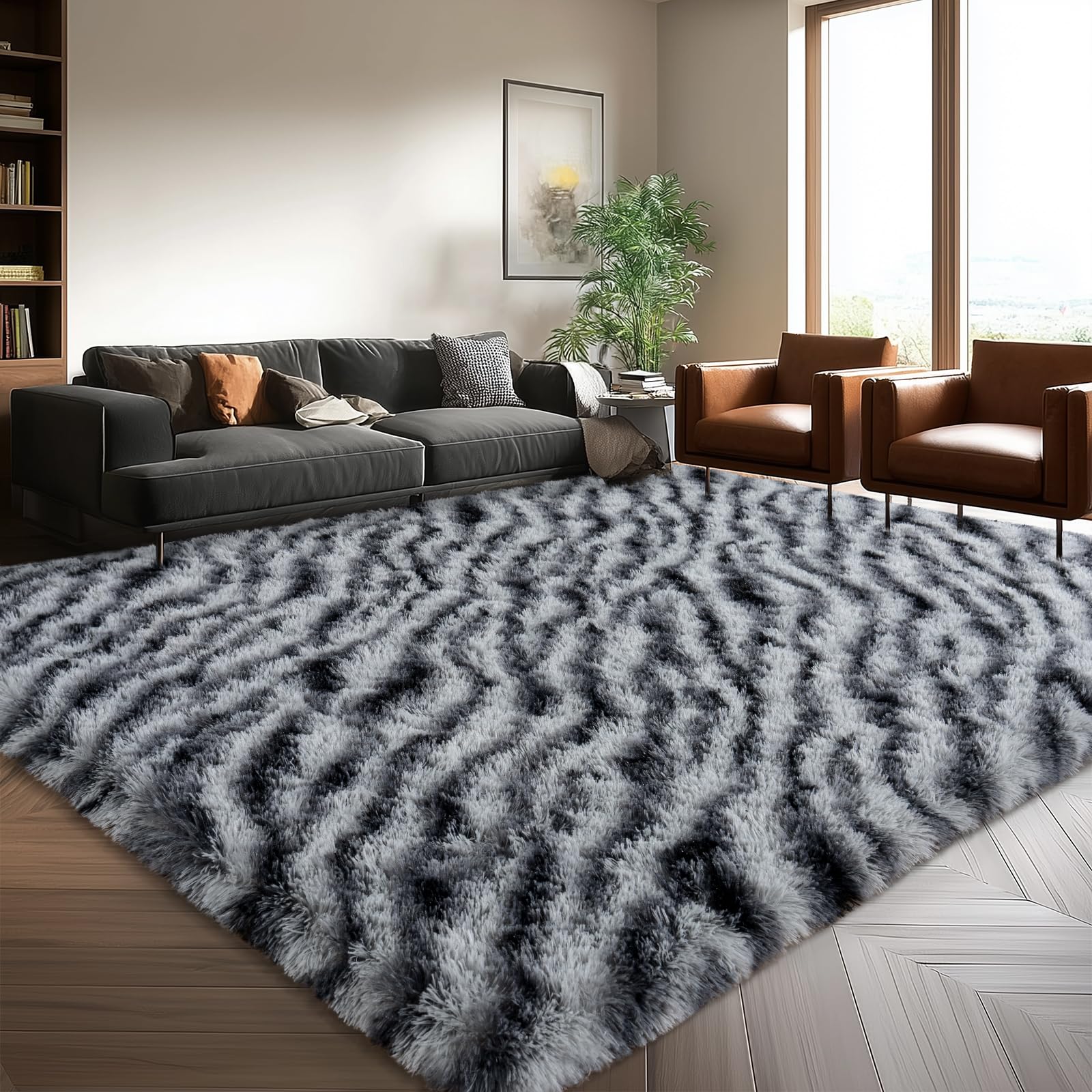 Fluffy Rugs for Living Room Bedroom, 5x7 Feet Abstract Blue Shag Area Rugs, Non-Slip Indoor Modern Fuzzy Plush Floor Carpet for Dorm Nursery Kids Room Decor, Soft Shaggy Throw Rug