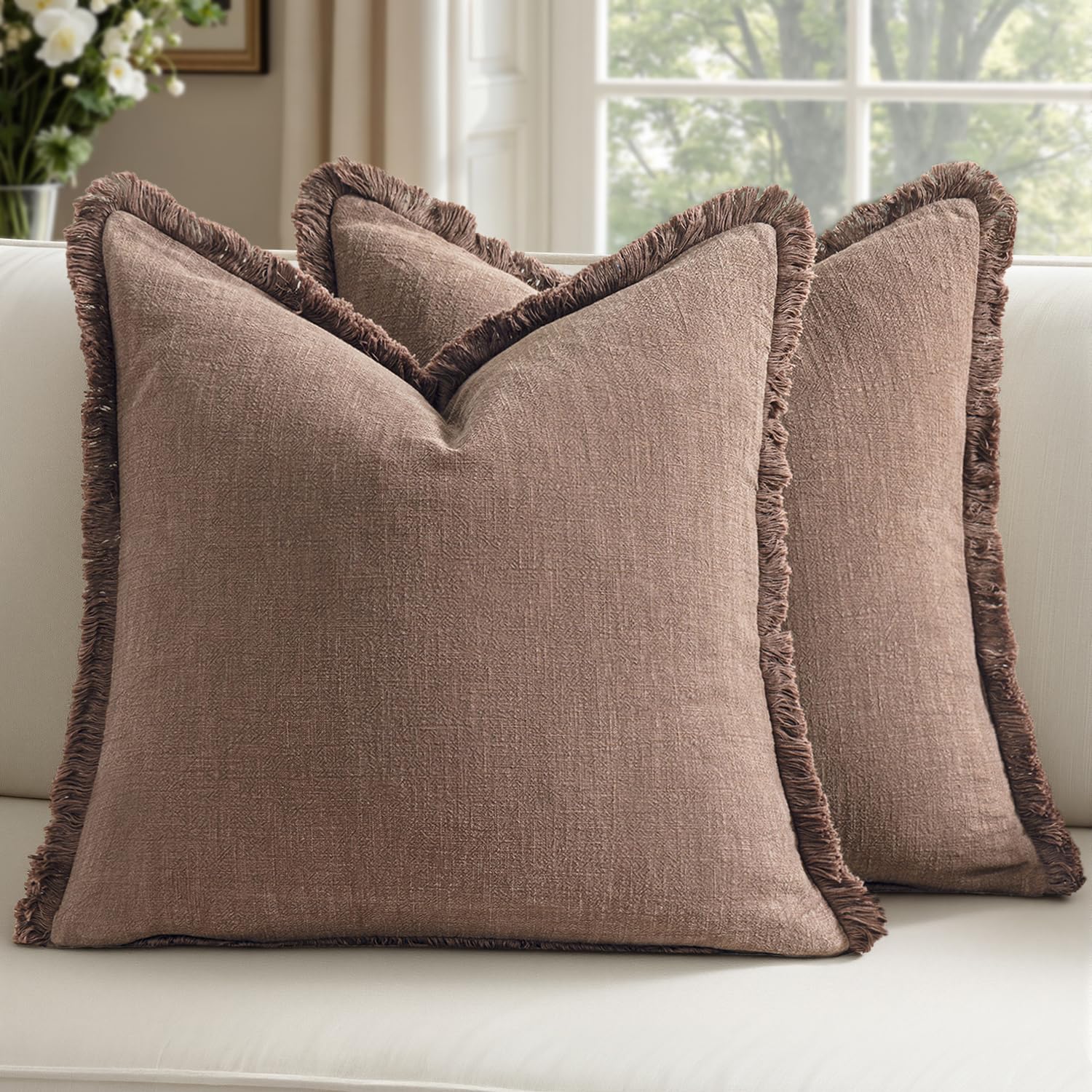 Decorative Linen Fringe Throw Pillow Covers Boho Farmhouse Soft Euro Accent Pillowcases with Tassels for Bed Couch Sofa Living Room Bedroom,24x24 Inch Set of 2,Brown