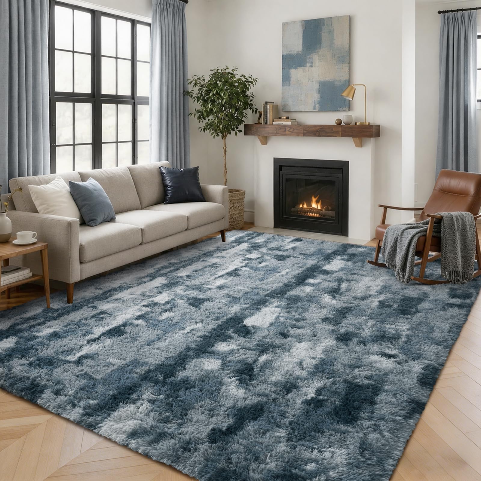 5×7ft Grey Fluffy Tie-Dyed Rug, Soft Shag Carpet for Home Decor
