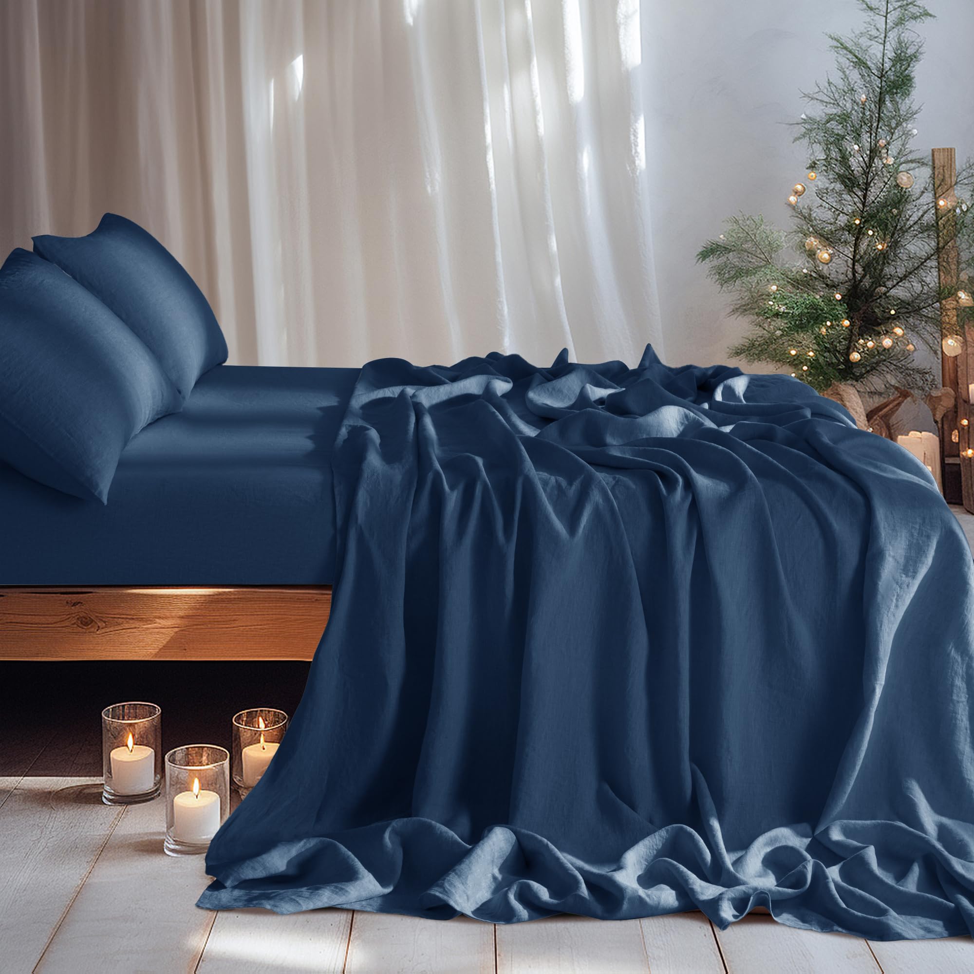 LBRO2M 100% Linen Sheet Set Deep Pocket Fit Up to 19" Bed Sheets Sets, Natural Flax Beddings Soft, Breathable, Comfortable for All Year Round 4 Pcs Sheet Set (Queen, Linen)