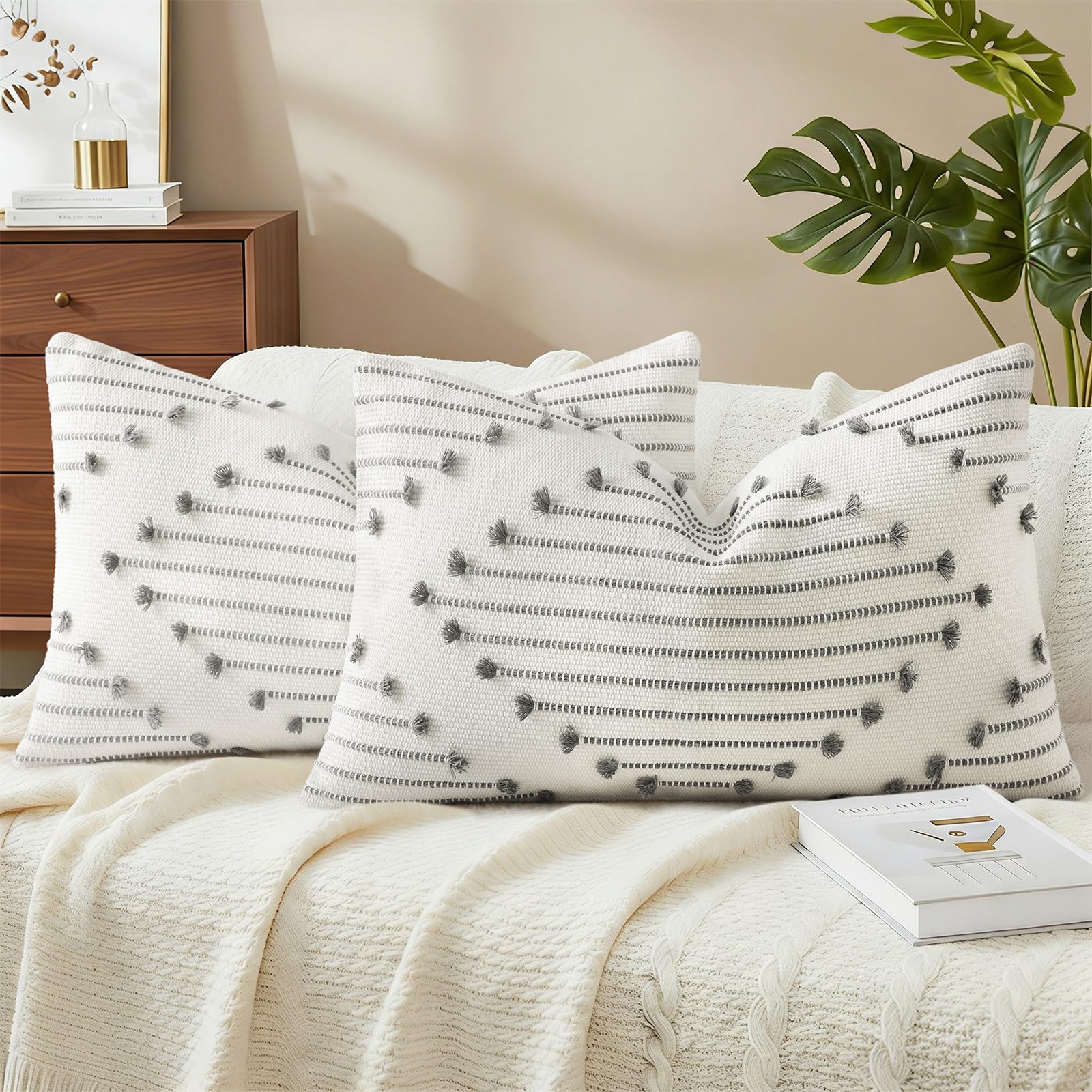 Mecatny Boho Summer Outdoor Throw Pillow Covers 18X18 Set of 2, Farmhouse Decorative Pillow Covers for Couch Sofa Living Room, Navy & Cream White