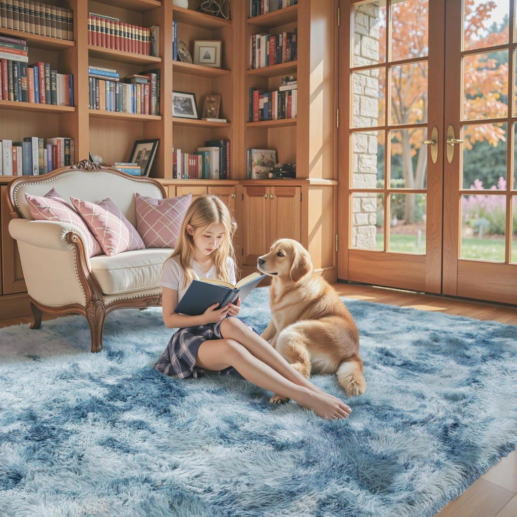 8x10 Area Rugs for Living Room Bedroom Fluffy, Large Area Rug Shag Shaggy Carpet Soft Plush Furry Bedside Rug, Area Rugs for Home Decor(8 x 10, Dark Blue Tie-Dyed)