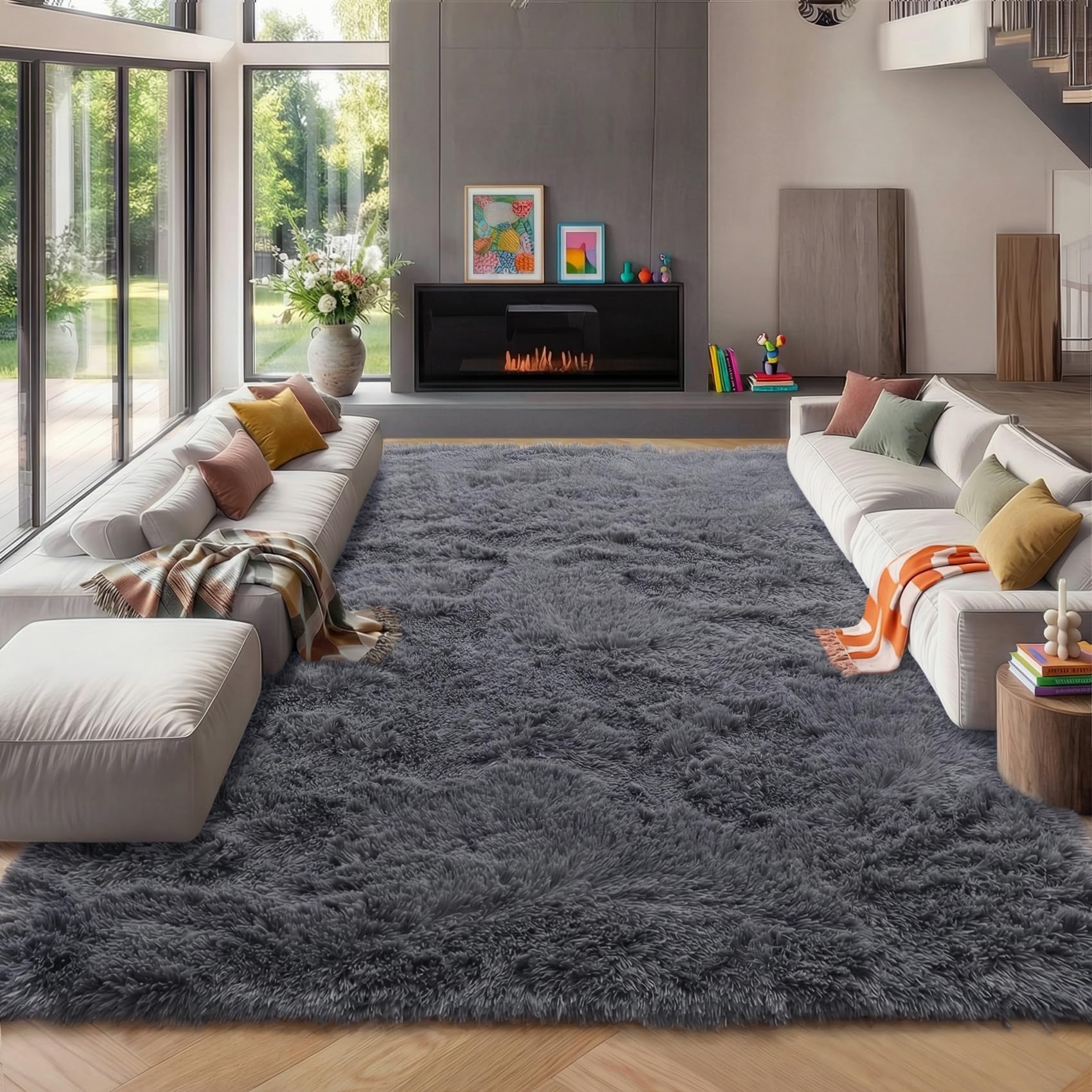 ONASAR Tie-Dyed Dark Grey Round Area Rugs 5ft, Ultra Soft Bedroom Circle Rug for Kids Girls Teen Room, Fluffy Plush Shaggy Carpet Floor Mats for Baby Nursery Living Room Playroom Home Decor